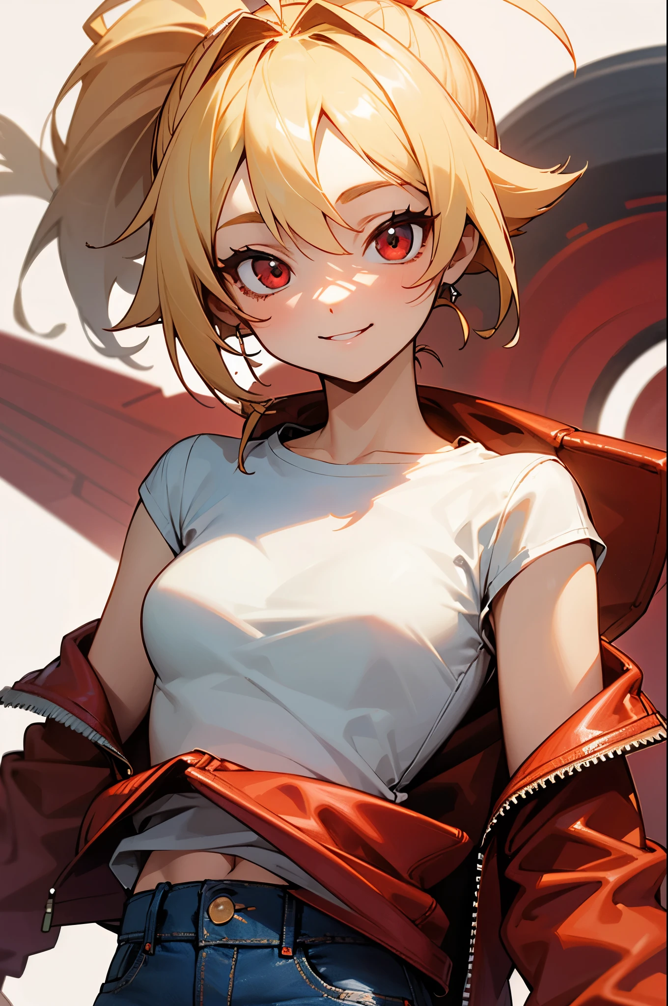 -yeld giBlonde ponytail、Ahoge、Big round red eyes、smile、Small breasts、Slender body、White T-shirt、Red leather rider jacket、Blue Jeans Pants、Upper body close-up