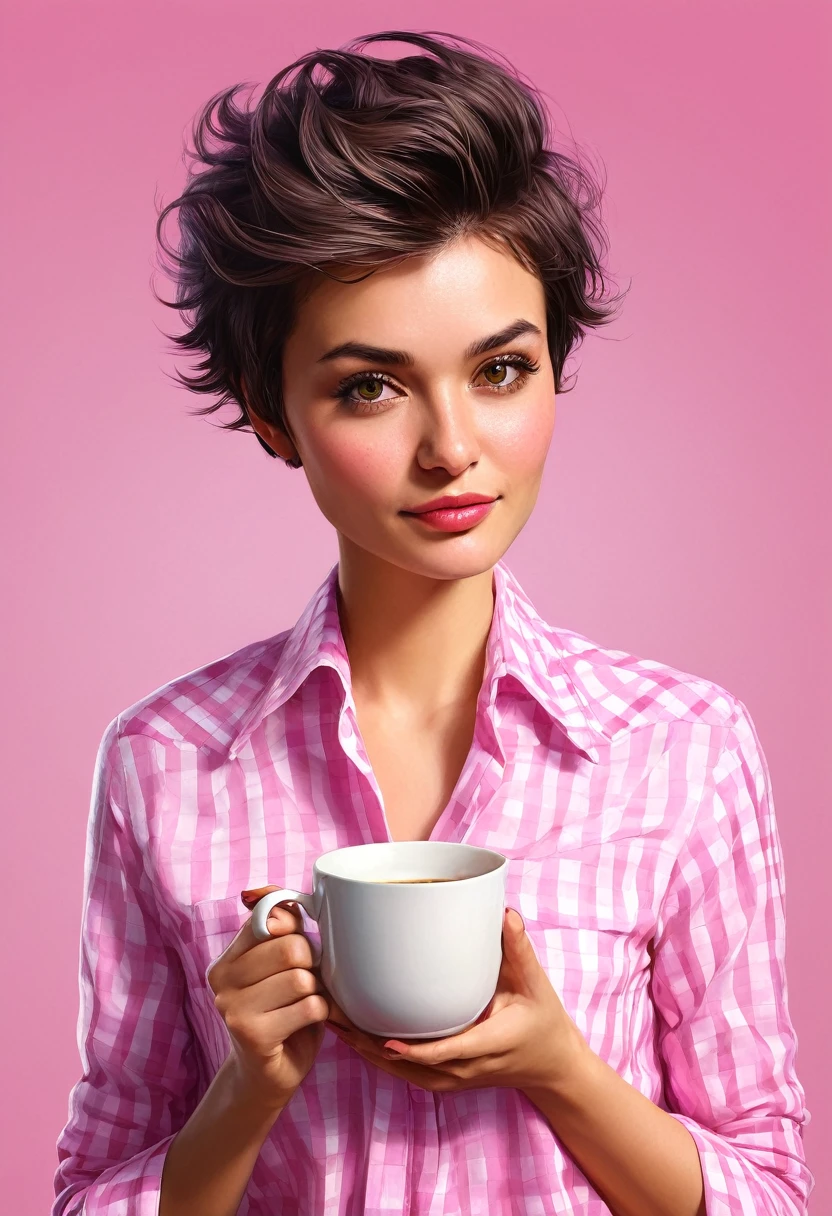 crea una mujer con pelo corte pixie ,con camisa rosa ,  con una taza de cafe ,obra maestra, estilo ilustracion de Ali Erturk, alto detalle, hiperrealista, luz natural,ilustracion , colores llamativos
