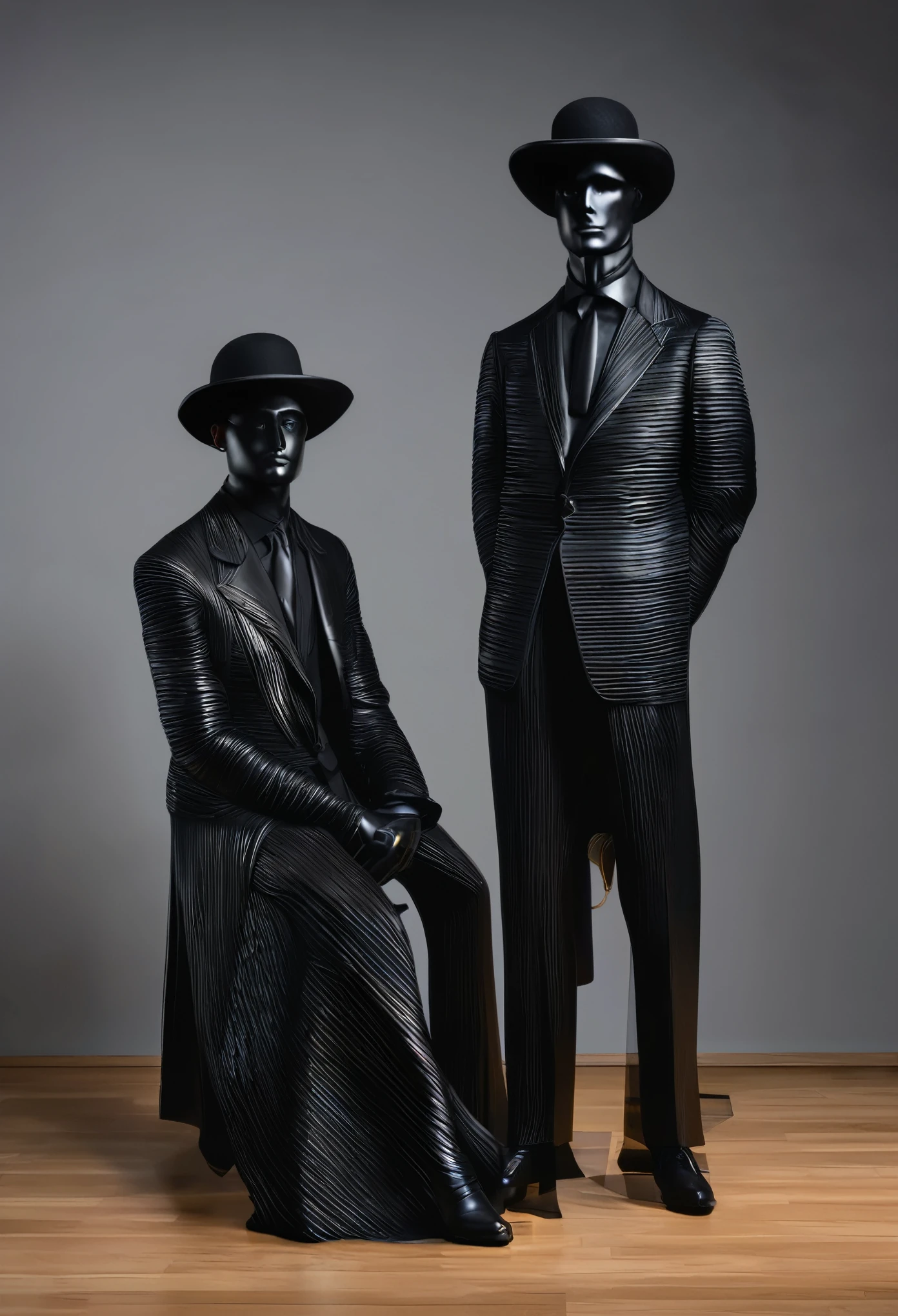 There were two statues of men wearing black hats on the table., Surrealist sculpture inspired by Józef Brandt, Reddit, new sculpture, Vantablack cloth technology, Vantablack, Vantablack chiaroscuro, Vantablack gi, Both faces are visible., Robot head and human head, Vantablack wall, Man&#39;s face and chest