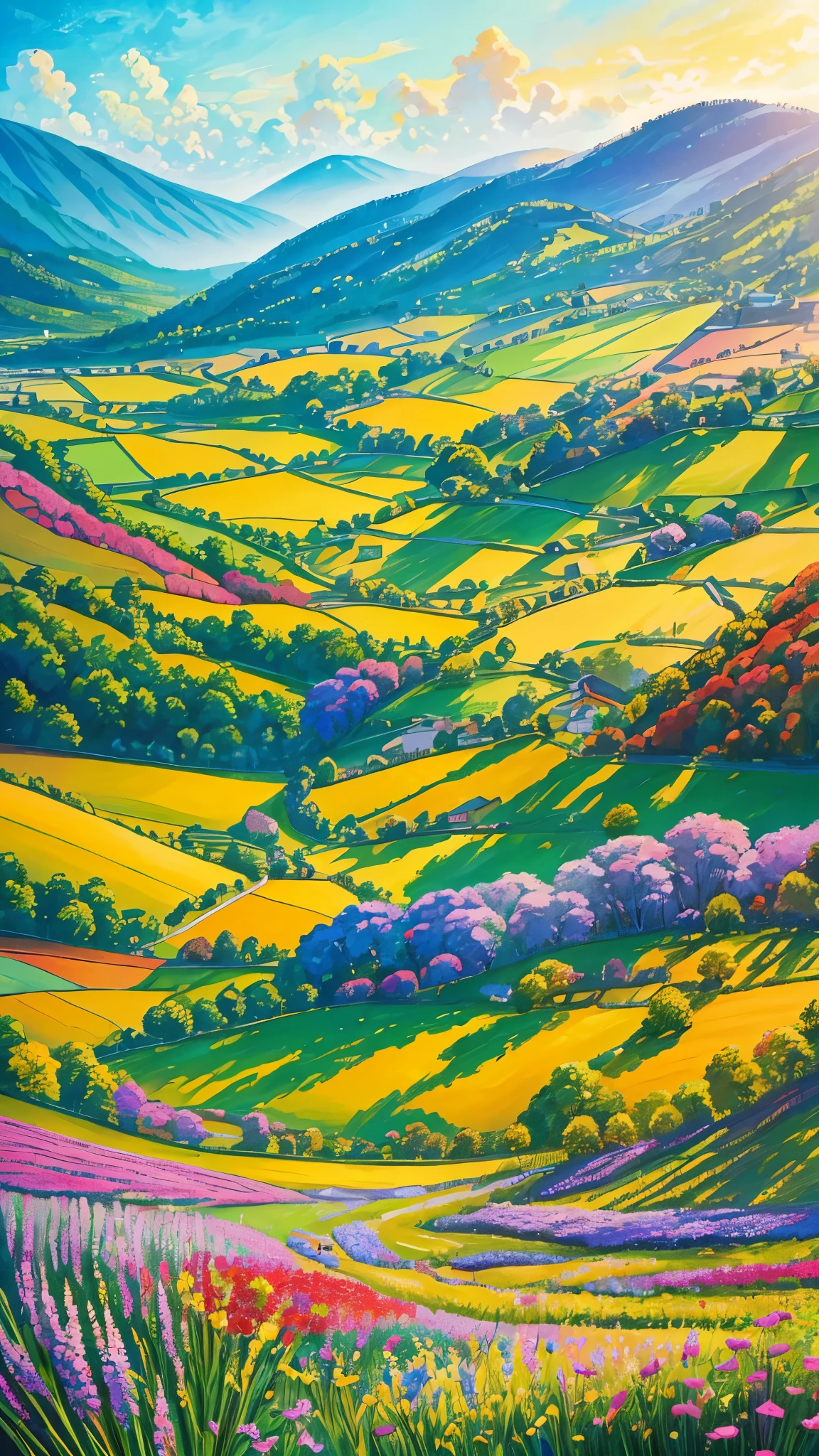 (best quality,realistic:1.2,highres),a lush green field, vibrant colorful flowers dotting the landscape,portraying the beauty of nature and the joy we can find in God's creation,illustration,extraordinary level of detail,stunning visual representation,impressive variety of flowers,serene atmosphere,sunlit scene,every blade of grass rendered with utmost precision,rich and vibrant colors,exquisite brushstrokes,picture-perfect composition,painting with a touch of impressionism,soft natural lighting,immersive experience,emphasizing the intricate details of the flowers,captivating and lifelike portrayal,awe-inspiring view,professional-level artwork,invoking a sense of tranquility and happiness.