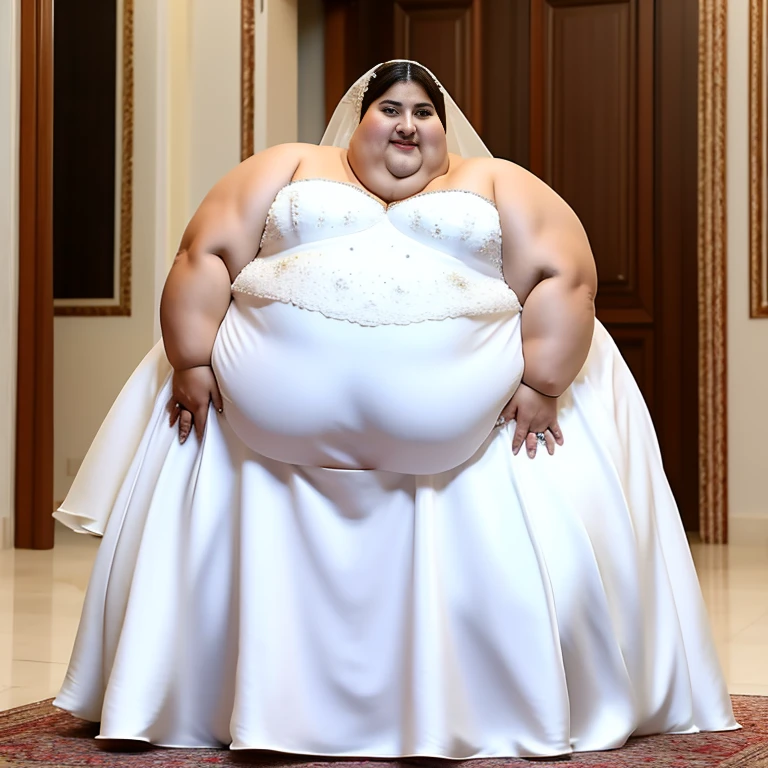 sbbw solo extremely morbidly obese Iranian woman full body alone wearing a white wedding dress