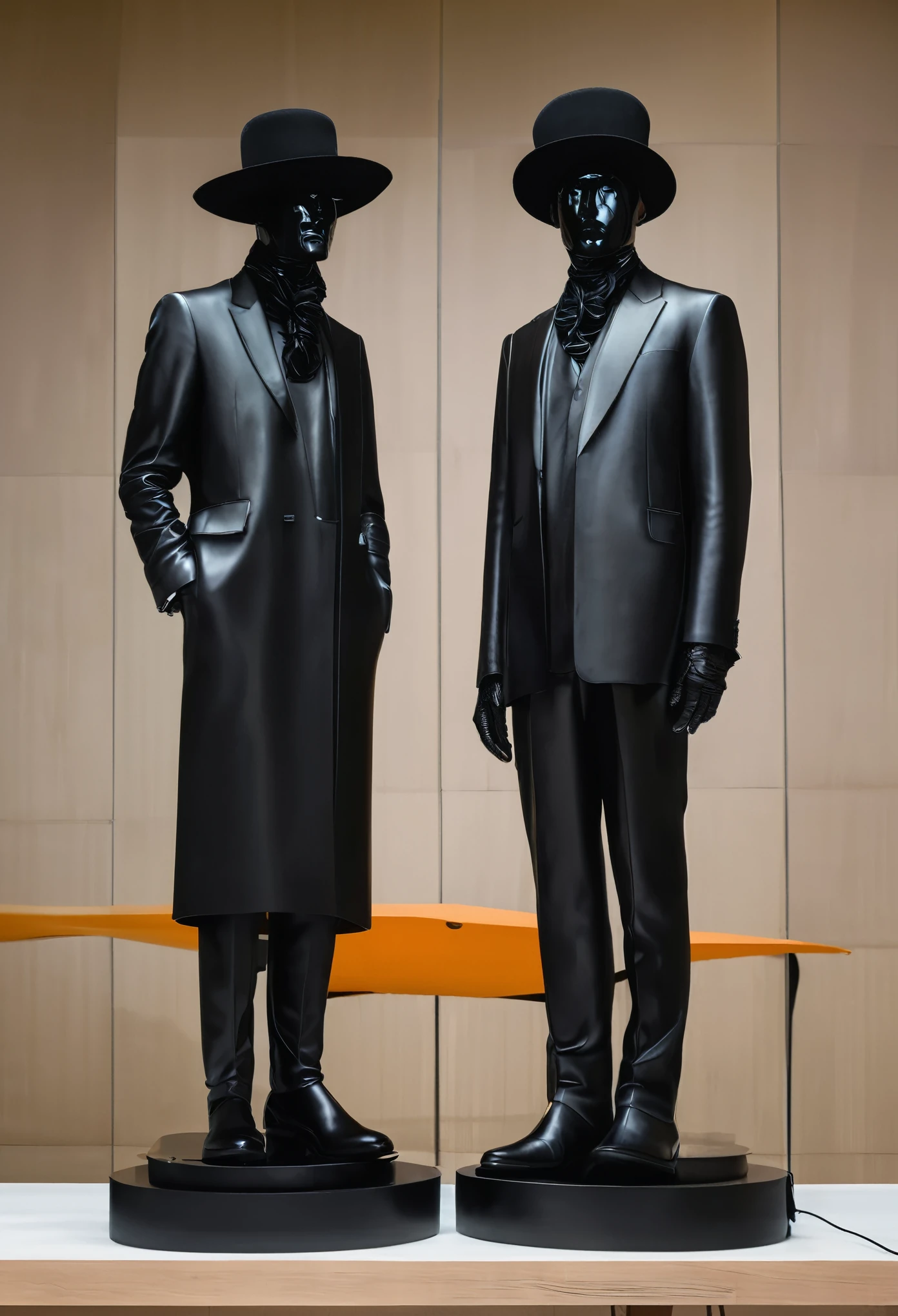 There were two statues of men wearing black hats on the table., Surrealist sculpture inspired by Józef Brandt, Reddit, new sculpture, Vantablack cloth technology, Vantablack, Vantablack chiaroscuro, Vantablack gi, Both faces are visible., Robot head and human head, Vantablack wall, Man&#39;s face and chest