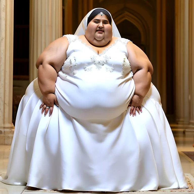 sbbw solo extremely morbidly obese Egyptian woman full body alone wearing a white wedding dress