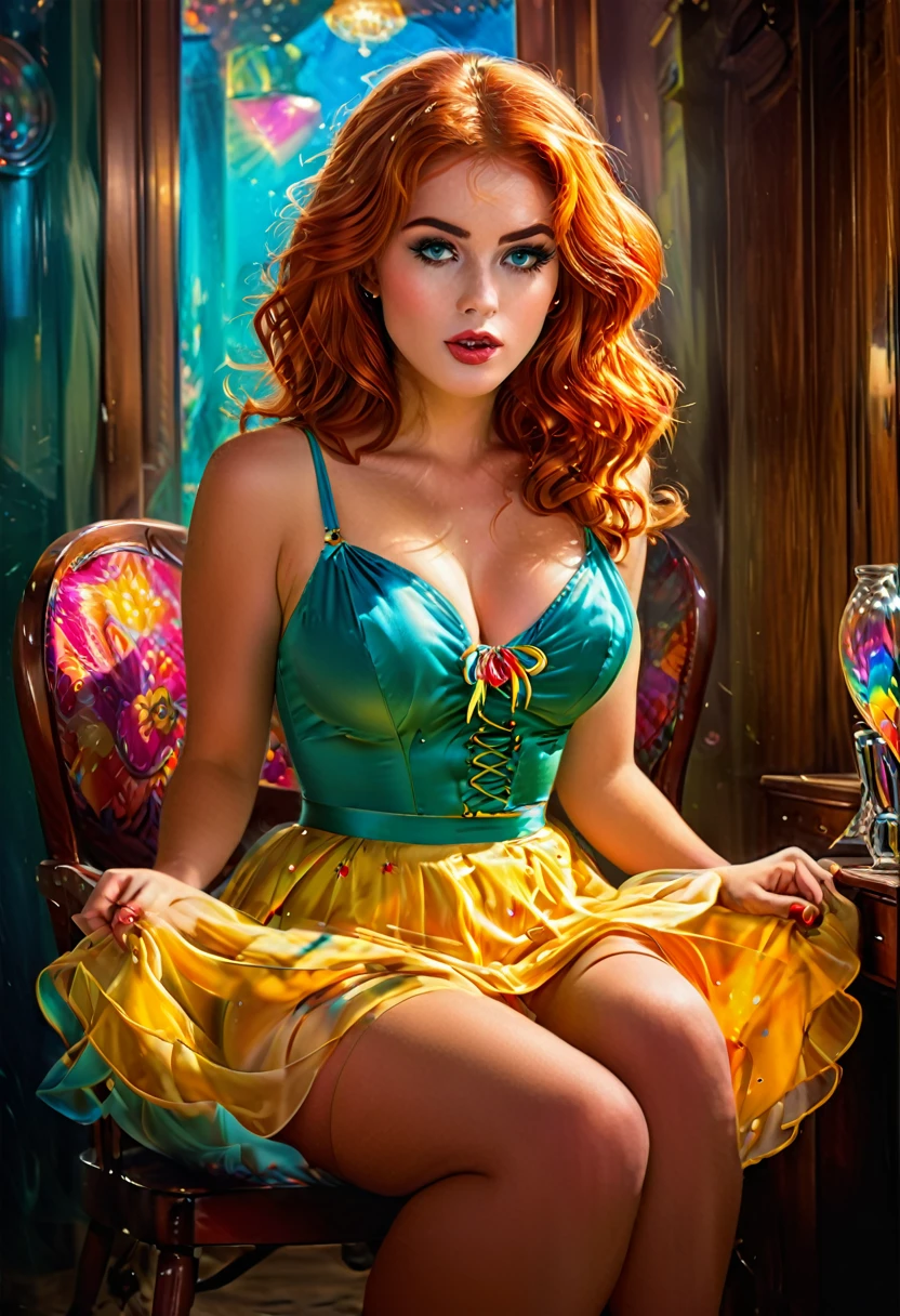 20 years old girl Isla Fischer lookalike, sitting on the chair, vintage,  retro pin up style,sexy, mouth O, surprised, up skirt, flowing skirt,  colorful , masterpieces, illustrated,ambr1
