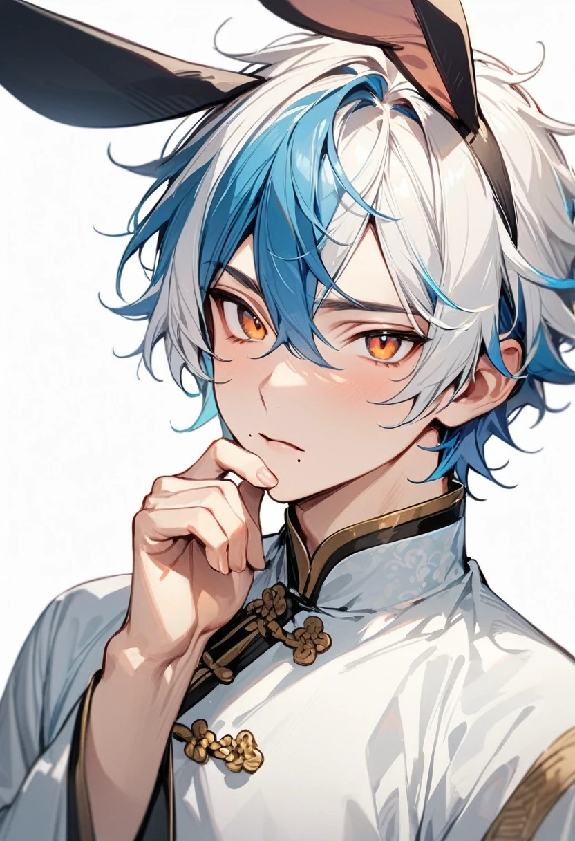 masterpiece, Best quality, 1 boy, Male focus, animal ears, One, blue hair, multicolored hair, rabbit ears, two tone hair, a mole, White hair, chinese clothes, upper body, Simple background, Brown eyes, orange eyes, a mole under mouth, hand on chin, I look at the viewer