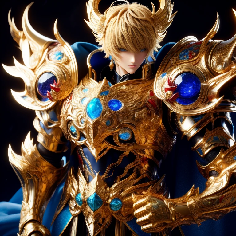 (masterpiece, best quality:1.2, UHD, 4k, masterpiece, photo realistic, insane details, ultra realistic, nobel photography), a saint seiya saint, beautiful  boy,with ultra beautiful and decoured full armour, full made of black metal, ((totally full blue and red color of armour)), (crab themed crabcore), light effects, very decourated, friezes