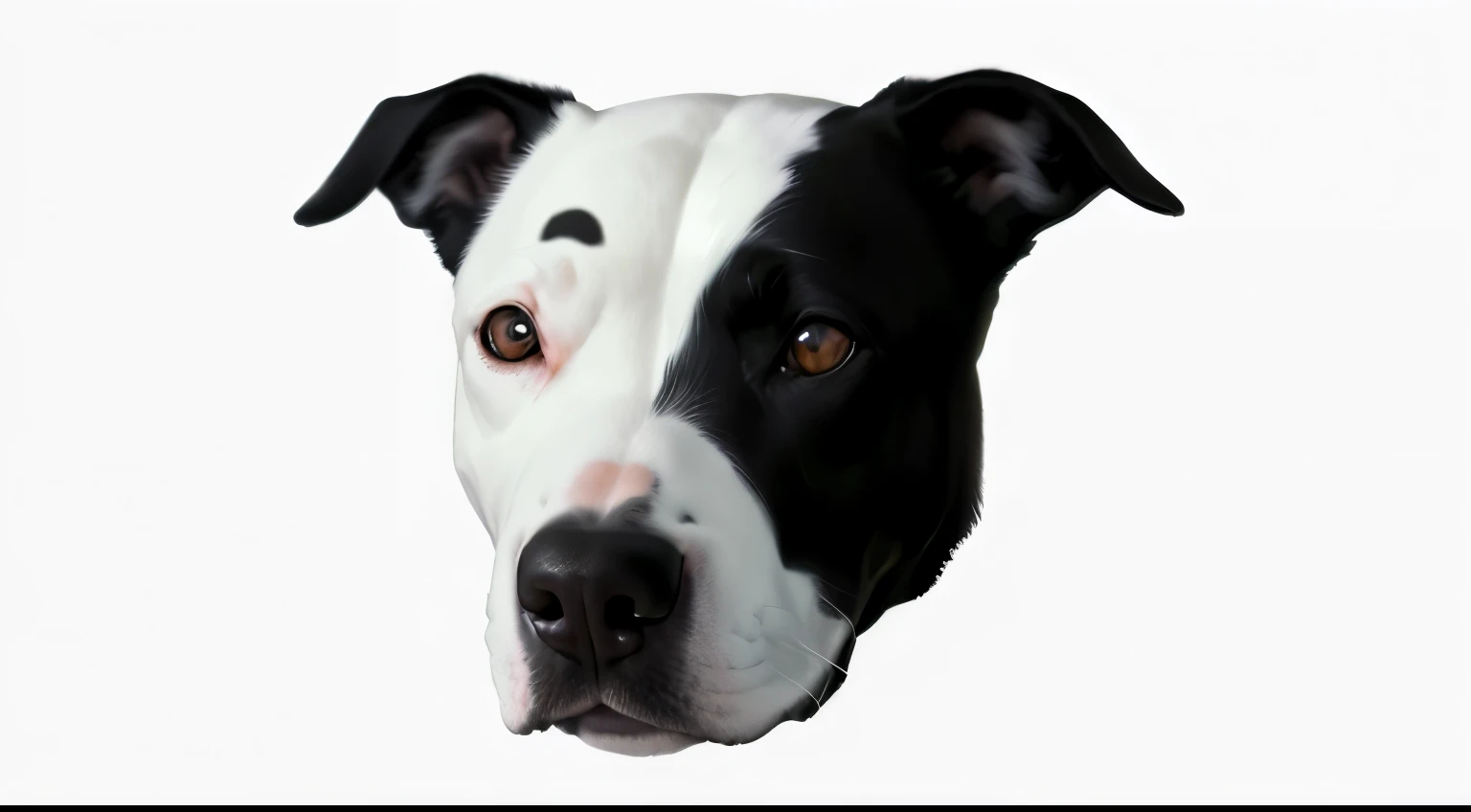 there is a black and white dog with a white collar, morphing dog head, dog head, beautiful dog head, pitbull, ciborgue - pitbull, wells, pimenta, nariz preto, Head Photo, com rosto muito detalhado, white head, com focinho branco, nariz um pouco maior, full head shot, com um nariz branco, nariz menor, big head