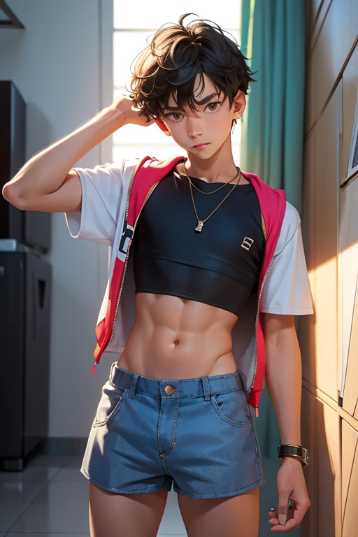  boy 14 yy wears a crop top and too very short shorts,