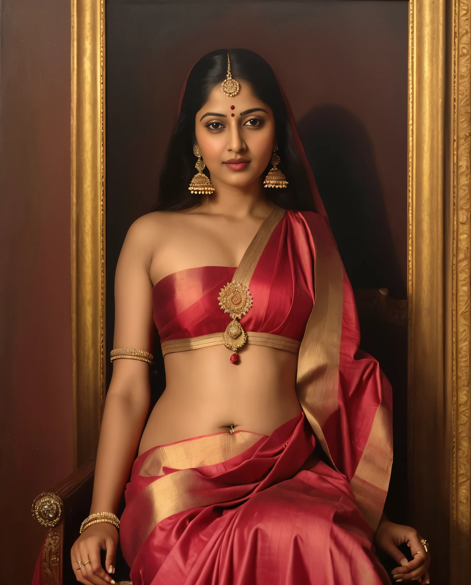 Masterpiece,8k uhd, hdr, realistic, hyper realistic, intricate, vibrant colour, painting of a woman in a yellow sari sitting on a chair, traditional beauty, inspired by Raja Ravi Varma, indian art, by Raja Ravi Varma, painting of beautiful, inspired by T. K. Padmini, painting of a woman, by Sardar Sobha Singh, gorgeous woman, oil on canvas painting, traditional painting, oil-painting