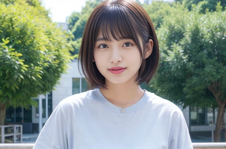 Tabletop、Light Grey Clothing、Photographed in natural light、(8k、RAW Photos、highest quality、masterpiece:1.2)、High-quality RAW color photos、Professional photos、(Realistic、photo Realistic:1.37)、1 girl、smile、fine、The background is an urban park、Various poses、Simple Necklace、Spring Clothes、Black Hair、short hair、profile、Eye color is dark brown、One girl、Selfie、