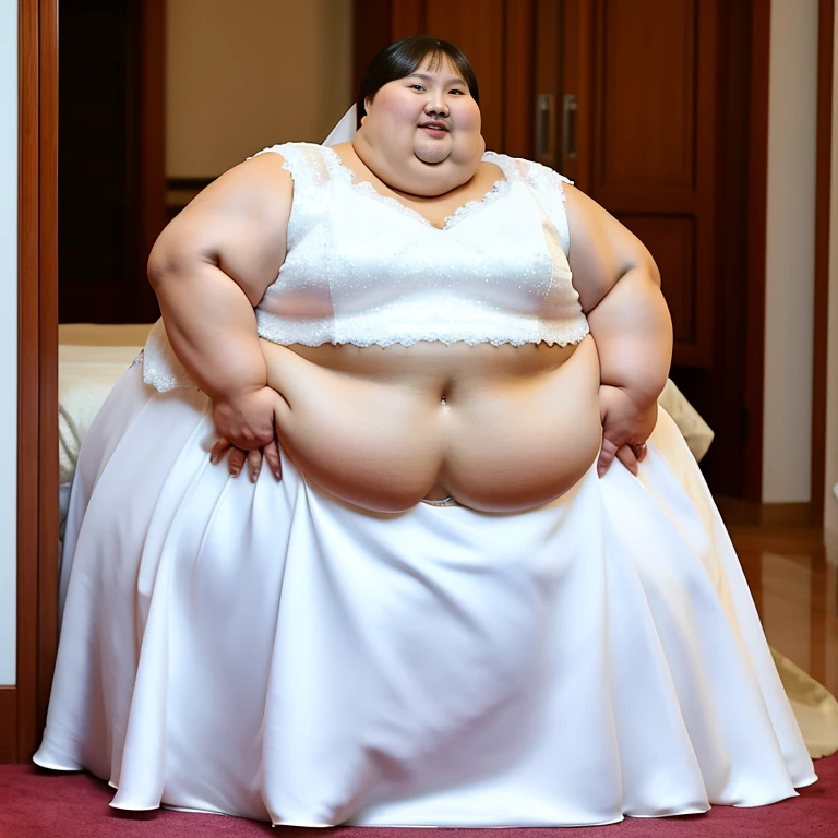 sbbw solo extremely morbidly obese Kazakh woman full body alone wearing a white wedding dress