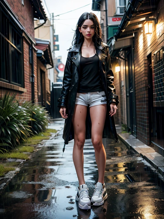 {Freya Tingley, hot, slim waist, perfect body, she is in an alley Against a wall, Brick wall, doodling, Dim lighting, alley}, (long black hair), (detailed eyes), (bright green eyes), (shy appearance wearing a short velvet coat, and black genuine leather leg), ((white Adidas sneakers), (it's raining, rainy weather, cloudy sky raining, she's all wet), full body, dynamic view.