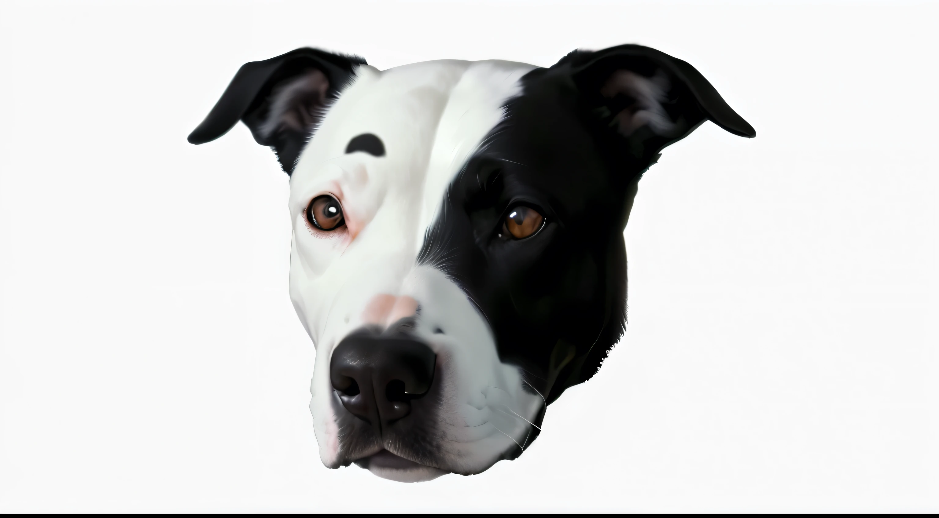 there is a black and white dog with a white collar, morphing dog head, dog head, beautiful dog head, pitbull, ciborgue - pitbull, wells, pimenta, nariz preto, Head Photo, com rosto muito detalhado, white head, com focinho branco, nariz um pouco maior, full head shot, com um nariz branco, nariz menor, big head