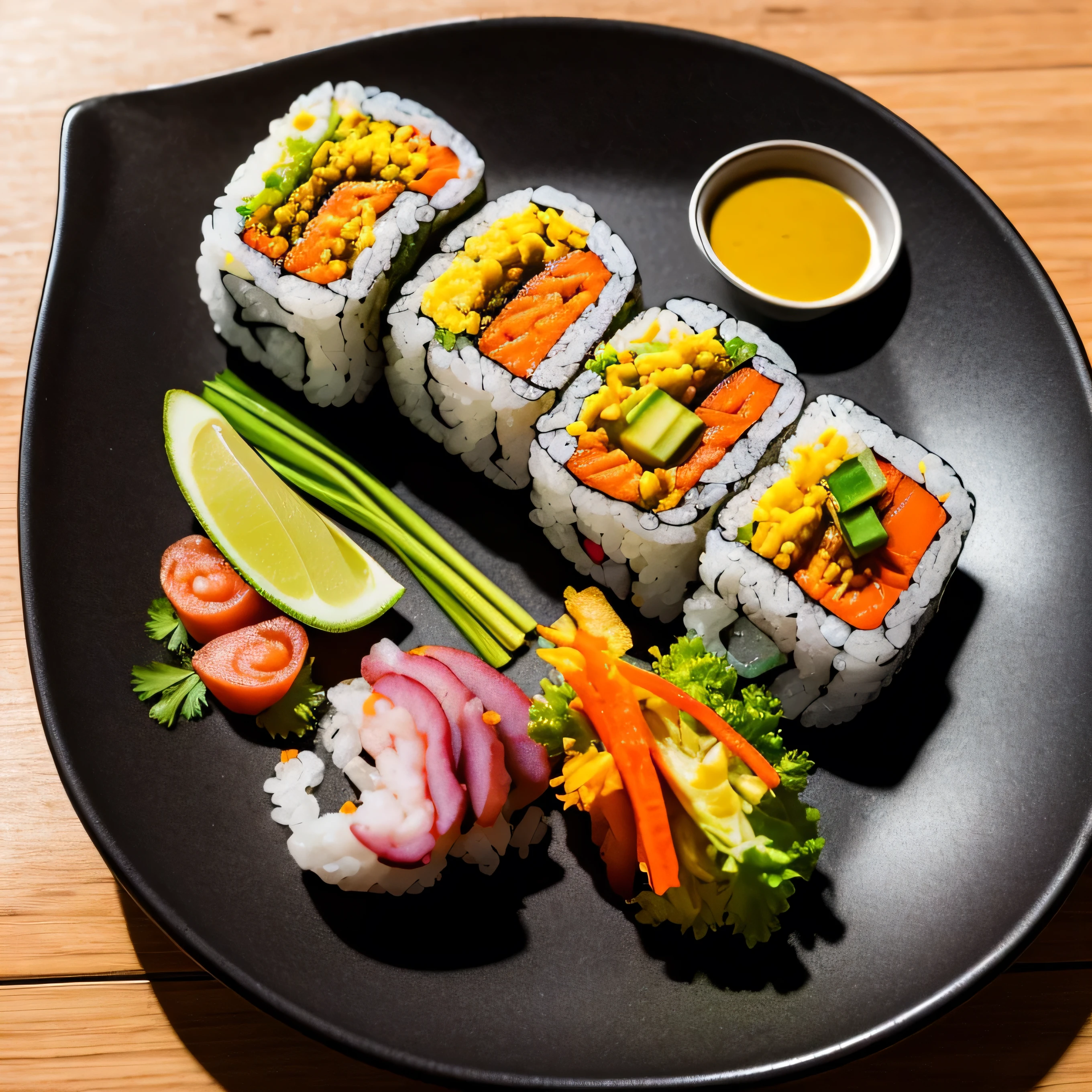 "Captura una imagen fotorrealista en close-up de un roll de sushi en tempura, mostrado como una obra maestra culinaria. El roll debe ser crujiente y dorado, con un relleno de ingredientes frescos como aguacate, pepino y camarones, todo envuelto en una capa de tempura perfectamente frita. The image should capture the sushi roll being delicately held by high-quality bamboo chopsticks., decorated with Asian motifs.

El enfoque debe estar en los detalles: la textura crujiente de la tempura, el brillo de los ingredientes frescos, and the precision with which the chopsticks hold the roll. Be sure to include a splash of soy sauce dripping lightly from the roll to add a touch of realism and flavor.

Utiliza una lente gran angular para capturar una mayor profundidad de campo, showing both the sharp foreground of the sushi roll and the softly out of focus background context. El fondo debe ser el interior de un restaurante de sushi lujoso, decorado en tonos de rojo y negro, with warm, soft lighting that highlights the sushi roll without creating harsh shadows.

For photography, Use a high-resolution camera such as the Canon EOS R5 or Nikon Z7 II, equipada con una lente gran angular de alta calidad como el Canon RF 15-35mm f/2.8L IS USM o el Nikon Z 14-30mm f/4 S. The final image must be high resolution, adecuada para impresiones grandes y usos comerciales, capturando todos los detalles con una nitidez impresionante y una rica gama de colores."