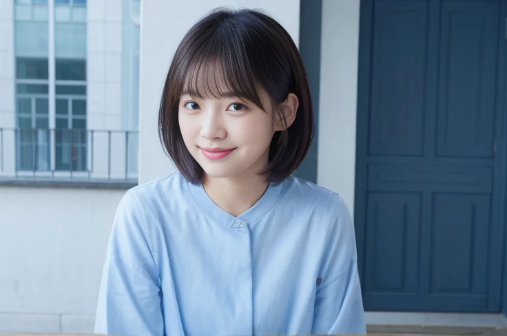 Tabletop、Light blue clothes、Photographed in natural light、(8k、RAW Photos、highest quality、masterpiece:1.2)、High-quality RAW color photos、Professional photos、(Realistic、photo Realistic:1.37)、1 girl、smile、fine、The background is a cityscape、Various poses、Simple Necklace、Spring Clothes、Black Hair、short hair、profile、Eye color is dark brown、One girl、Selfie、
