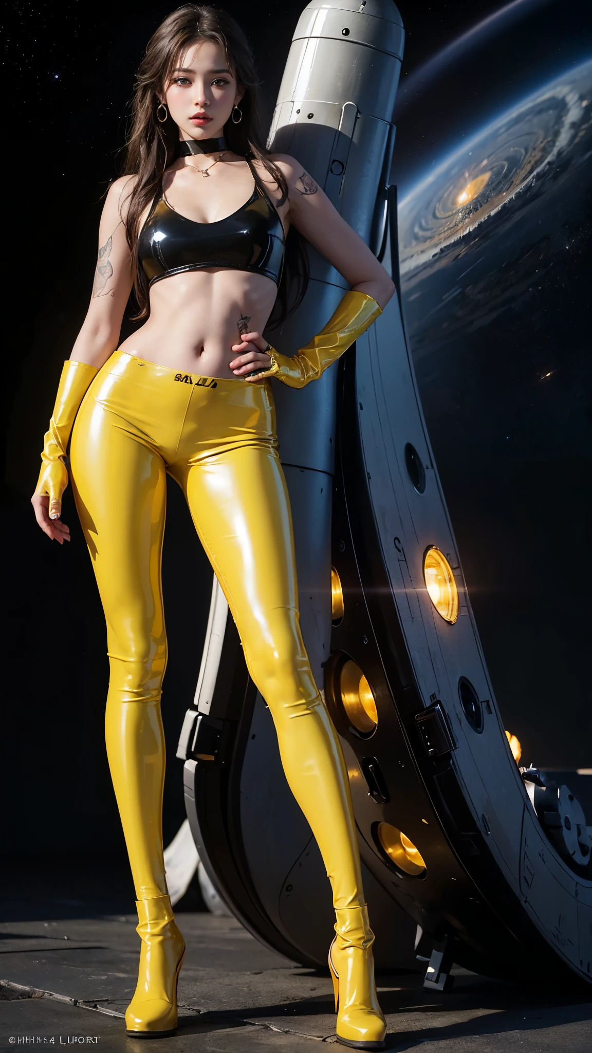 ((masterpiece:1.4)、(Highest quality:1.4)、(Realistic:1.7))、Masterpiece:1.4、(Top-notch rendering:1.4)、(Yuki, the beautiful navigator of the Space Battleship Hikari:1.4)、Super Beauty航海士Yuki、(By Luis Royo:1.4)、(A uniform that accentuates your beautiful figure:1.2)、(Futuristic sci-fi battle fashion:1.2)、(Street Style Wear)、(Tight Fit Pants)、(Shiny luxury latex:1.4)、(Luxury yellow latex:1.4)、19 years old、(Cute Tattoos:1.4)、(Wearing yellow gloves)、Cute Girl、Super Beauty、(Seductive pose)、Sharp Focus、Portrait Photography:1.4、8k、Photorealistic images:1.4、(Perfect female body:1.4)、Perfect proportions、(Standing:1.4)、(Full body photography:1.4)、Beautiful Face、Fearless look、Beautiful Eyes、(Beautiful limbs with a slender, toned stomach emphasized)、(Narrow waist:1.4)、(Beautiful style with 9 proportions:1.4)、(A beautiful girl with long legs and a good figure:1.4)、Beautiful feet:1.2、(Long Hair:1.2)、Heavy makeup、Eyeshadow、Glow Eye、Glow Lip、Beautiful breasts、Large Breasts:1.2、sexy ass、(Standing facing forward:1.4)、Raw photo、Red lips、Yellow high heels:1.4、choker:1.4、necklace:1.4、Earrings:1.4、1 Screen Display:1.4、Space Battleship Hikari&#39;s bridge:1.2