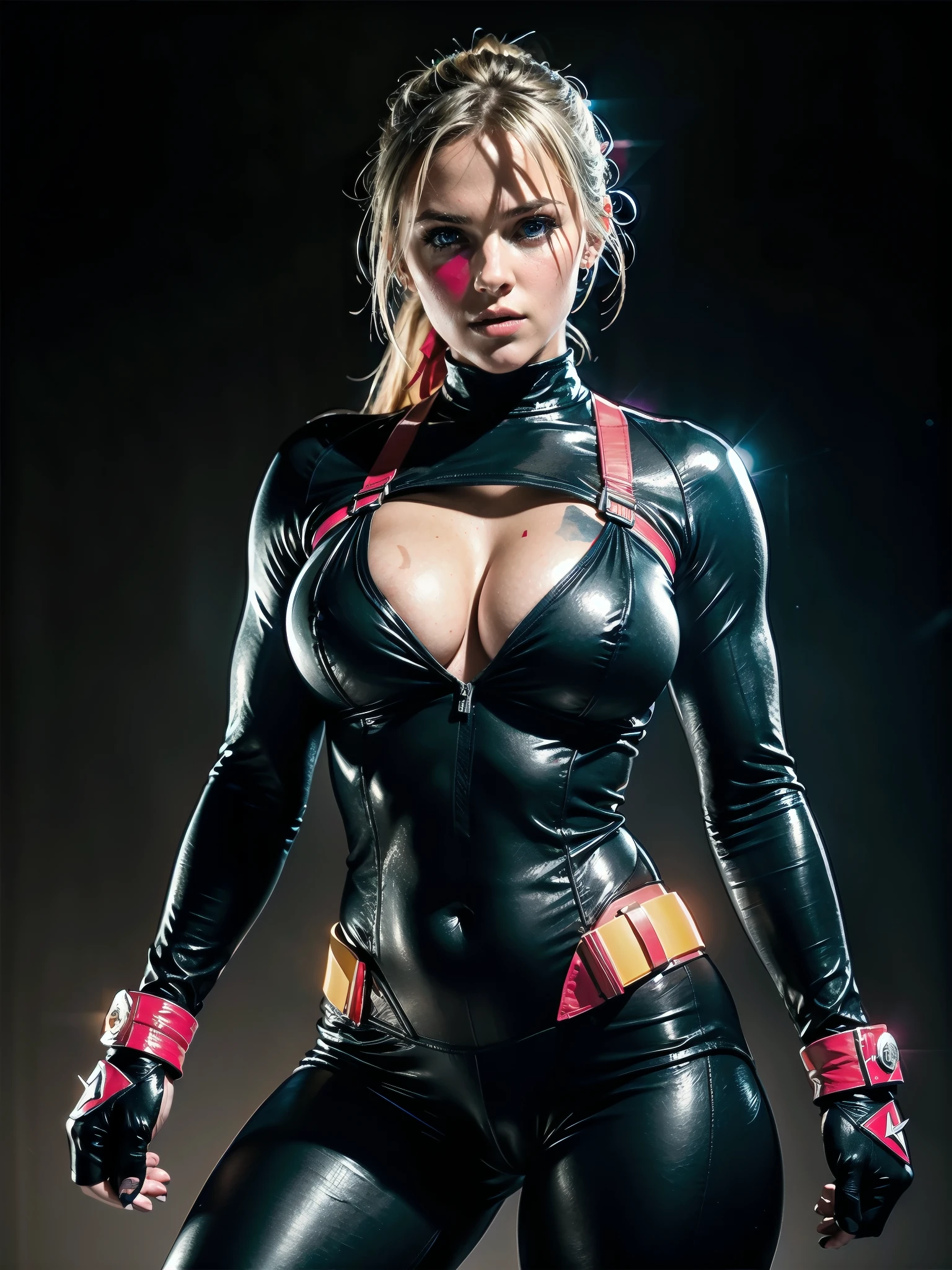 hyperrealism, photorealism, masterpiece, best quality, perfect detail, perfect lighting, realistic full body photoshoot, Mia Malkova, wearing Sonya Blade costume, fighting suit, muted color, dim light, muted tones, simple black background, red neon, fighting pose , dynamic angle, looking at the viewer, analog photo.
