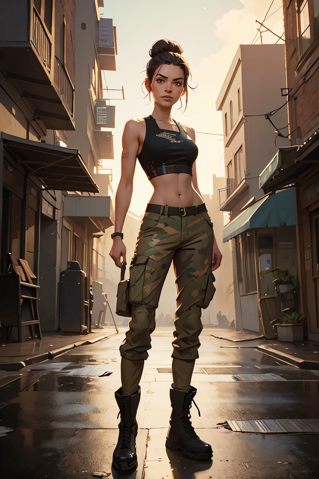 samdoesarts; award winning half body portrait of a beautiful woman in a croptop and cargo pants, military boots, standing on the street faint smile, paint splashes, hair in a bun, splatter, outrun, vaporware, digital art, trending on artstation, highly detailed, fine detail, intricate by Jeremy Mann, matth�us merian the elder, Pino Daeni, robert rauschenber, by beksinski
