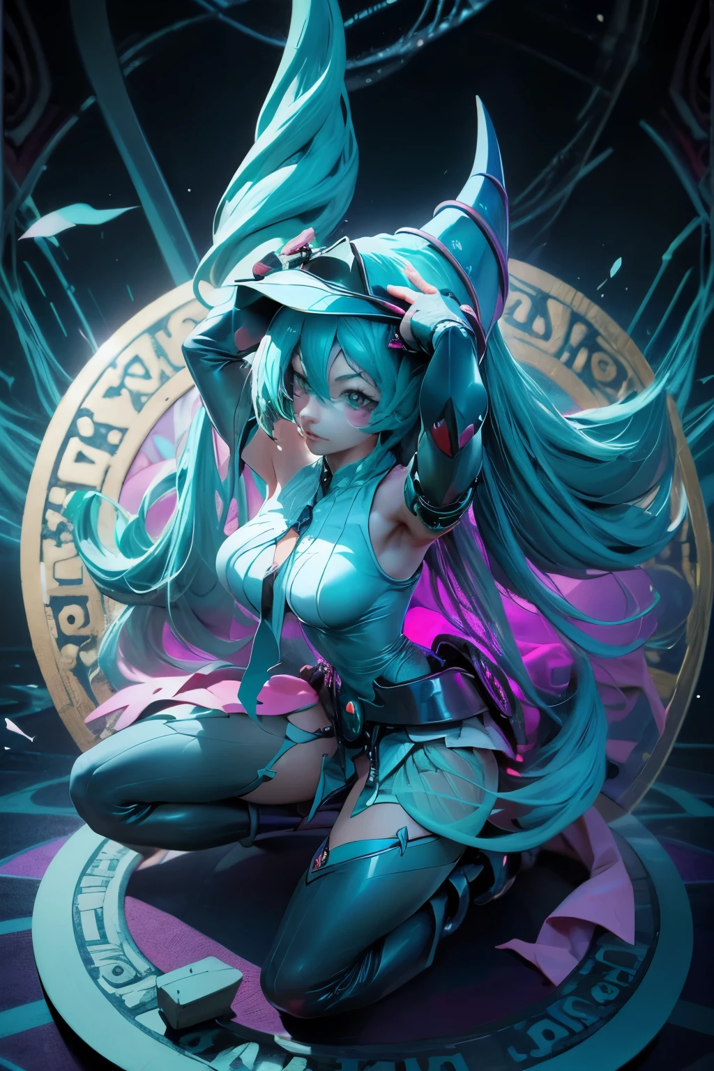 Hatsune Miku disfrazada de dark magician gils. Ojos azules. Cabello celeste y extra largo. Pose sensual y seductora. Toma cuerpo completo.Fondo de magia y circulo. 