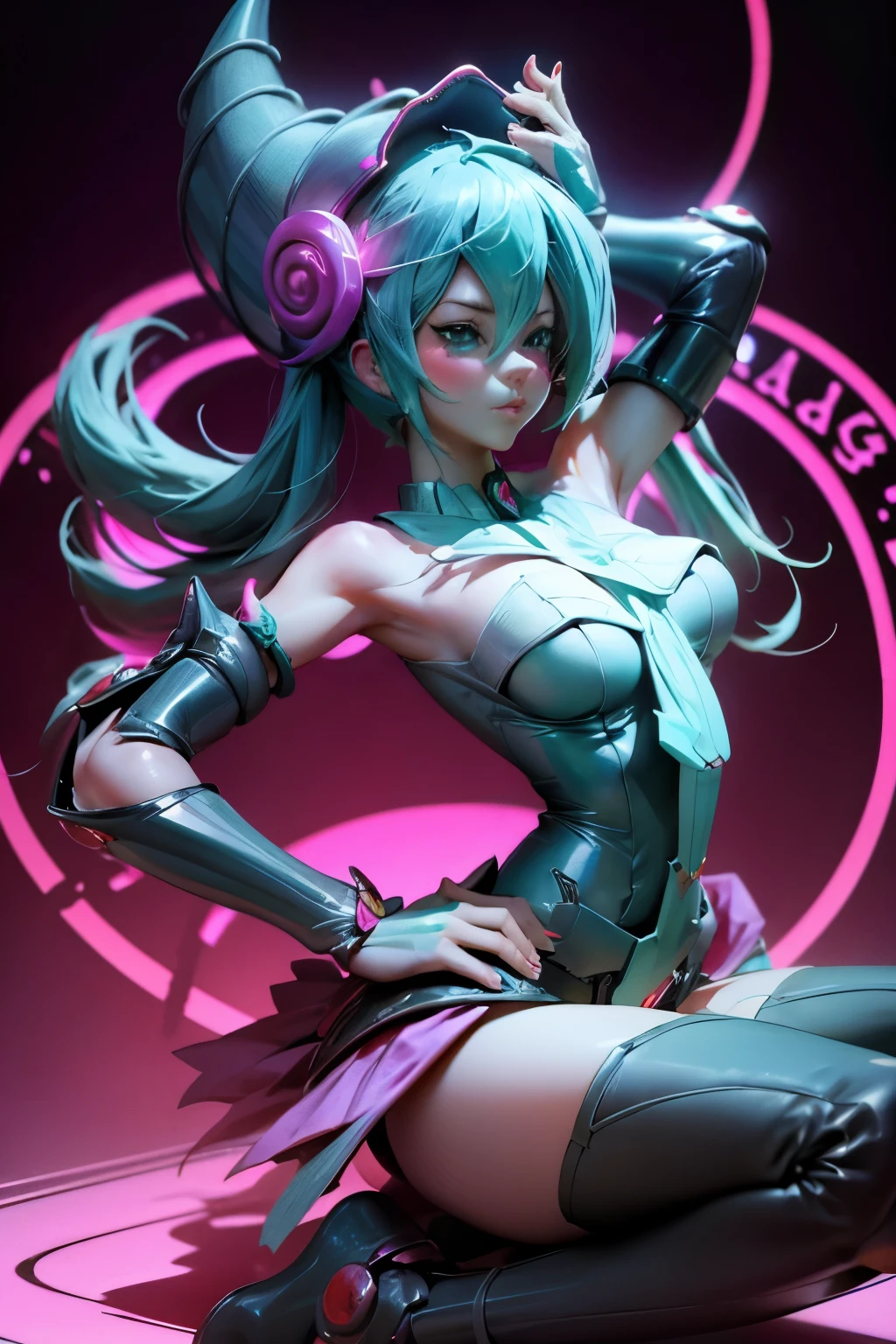 Hatsune Miku disfrazada de dark magician gils. Pose sensual y seductora. Fondo de magia 