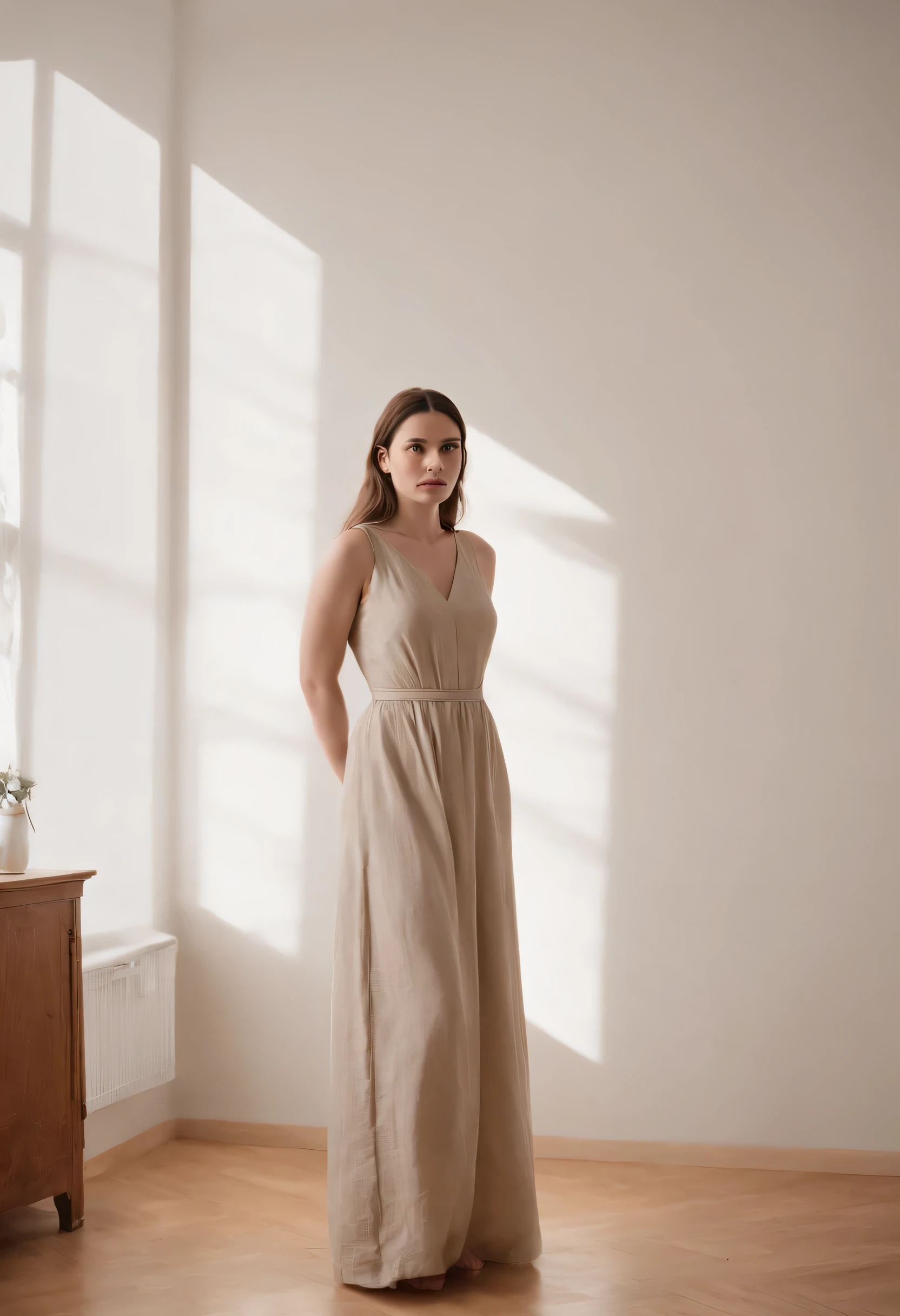 a 60 kg woman wearing a long ankle-length dress in an apartment standing frontally in the center of the photo. The woman is in the foreground and stands against the wall and is well lit from the front, daylight