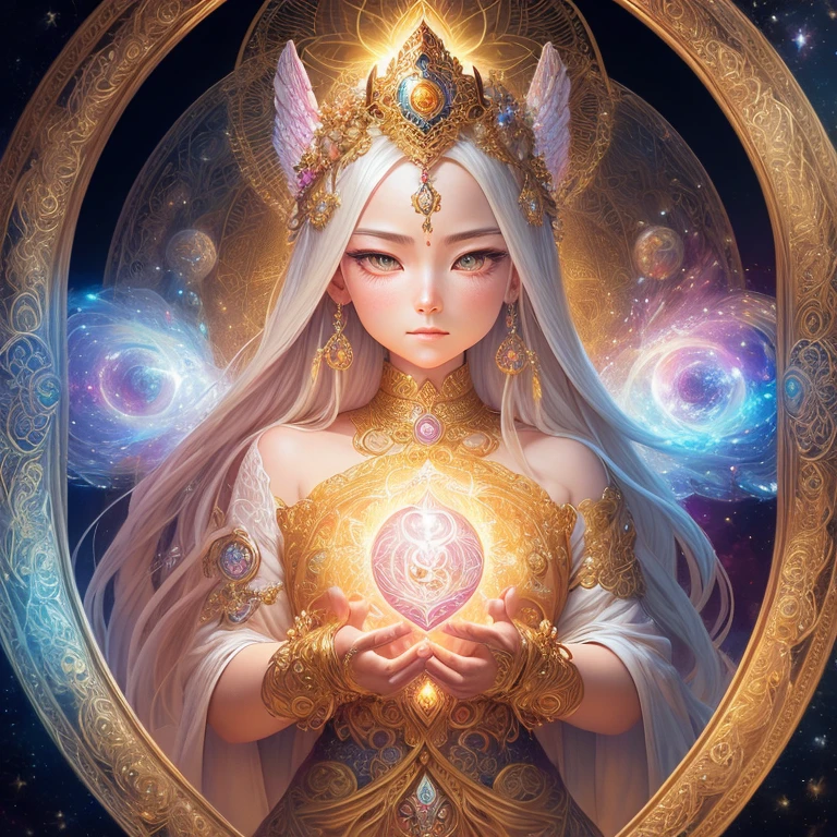 Exalted angelic divine being of light consciousness and oneness, golden aura, radiating love from within, heart-centered being, cosmic glow,  concept art, 32k ultra high resolution, detailed, hyperrealistic, masterpiece, style of hayao Miyazaki, Hannah yata, intricate patterns, sharp focus, fantasy character