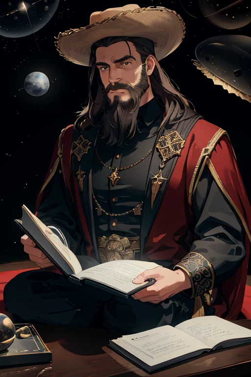 Young programmer, Bearded, Sitting confidently, Deep in thought, research platform floating amidst asteroids, Surrounded by fiery rings, Asteroid belt, Notebook in hands, Surrounded by distant stars and planets, Dramatic lighting casting deep shadow, suit, Cowboy hat, Gazing at the vast and mysterious universe with wonder and awe.
Ultra-detailed, Realistic, 8K, HDR, UHD, Studio lighting, Ultra-fine painting, Sharp focus, Physically-based rendering, Extreme detail description, Professional, Vivid colors, Bokeh, Clean lines, Intricate, Atmospheric, Masterpiece