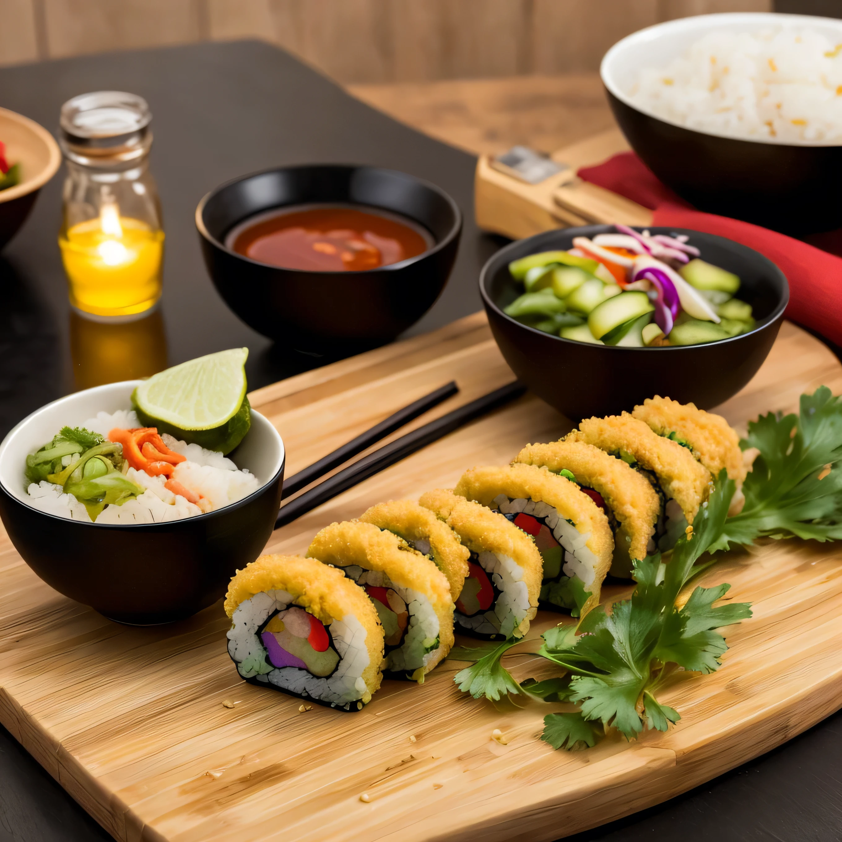 "Captura una imagen ZOOM X100  fotorrealista en close-up de un roll de sushi en tempura, mostrado como una obra maestra culinaria. El roll debe ser crujiente y dorado, con un relleno de ingredientes frescos como aguacate, pepino y camarones, todo envuelto en una capa de tempura perfectamente frita. The image should capture the sushi roll being delicately held by high-quality bamboo chopsticks., decorated with Asian motifs.

El enfoque debe estar en los detalles: la textura crujiente de la tempura, el brillo de los ingredientes frescos, and the precision with which the chopsticks hold the roll. Be sure to include a splash of soy sauce dripping lightly from the roll to add a touch of realism and flavor.

Utiliza una lente gran angular para capturar una mayor profundidad de campo, showing both the sharp foreground of the sushi roll and the softly out of focus background context. El fondo debe ser el interior de un restaurante de sushi lujoso, decorado en tonos de rojo y negro, with warm, soft lighting that highlights the sushi roll without creating harsh shadows.

For photography, Use a high-resolution camera such as the Canon EOS R5 or Nikon Z7 II, equipada con una lente gran angular de alta calidad como el Canon RF 15-35mm f/2.8L IS USM o el Nikon Z 14-30mm f/4 S. The final image must be high resolution, adecuada para impresiones grandes y usos comerciales, capturando todos los detalles con una nitidez impresionante y una rica gama de colores."