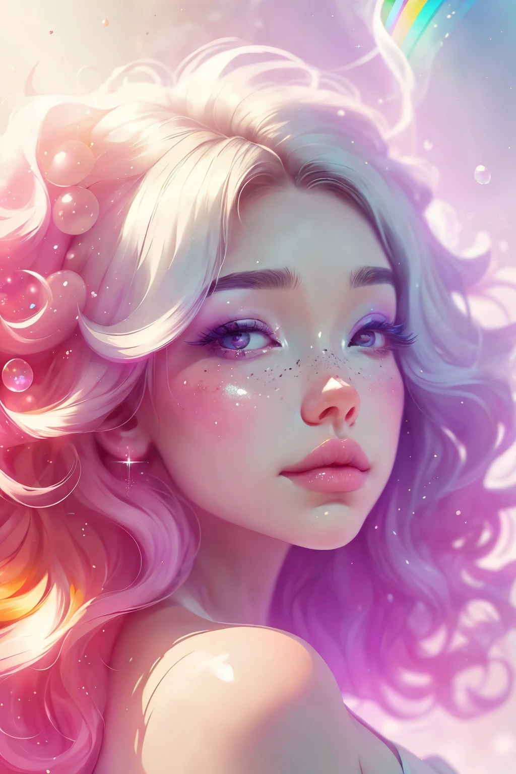 (This is a beautiful rainbow fantasy image that feels interesting and emphasizes glitter and iridescence.) Generate a ((blind)) curvy woman with colorful curly hair and milky white eyes. Her face is important and is perfectly formed with puffy lips and perfect features. (Her eyes are critically important and are (blank) and (solid white)). The image exudes ethereal beauty and soft fantasy. Include sweet and detailed birds and soft, luminous flowers in all the colors of the rainbow. The image's background is decorated in shades of pink, shimmer, glitter, and fantasy details like colored bubbles and cosmos. Utilize dynamic composition to create a compelling and action-packed image. Dramatic lighting and cinematic lighting enhance the woman's beauty and the soft colors in the artwork. (((((Perspective: head on.))))) Include fantasy, cute, colorful, colourful, interesting magic background, ((((blank eyes)))), ((((empty white eyes)))), (shirome eyes:1.3), (smirking), (perfectly rendered solid whiteeyes), ((birthmark on lip)), ((pretty lips)), beautiful background, complex background, sweet background, (((rainbow)))