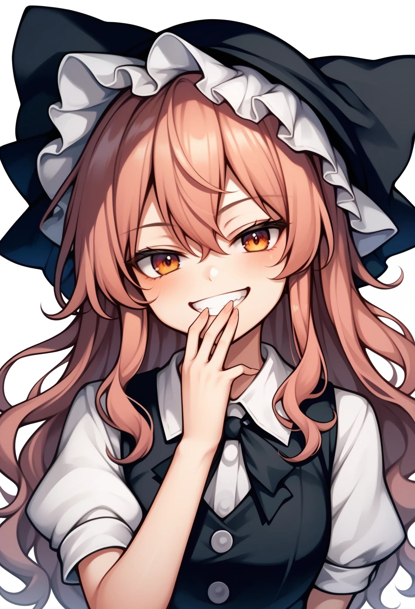 score_9, score_8_up, score_7_up, source_cartoon,
1girl, kirisame marisa, kirisame marisa from touhou, solo, looking at viewer, black vest, buttons, puffy short sleeves,
smug, grin, narrowed eyes, hand to own mouth, (open hand), (covering own mouth), upper body, from side,
twitch emote, chibi, outline, sticker,