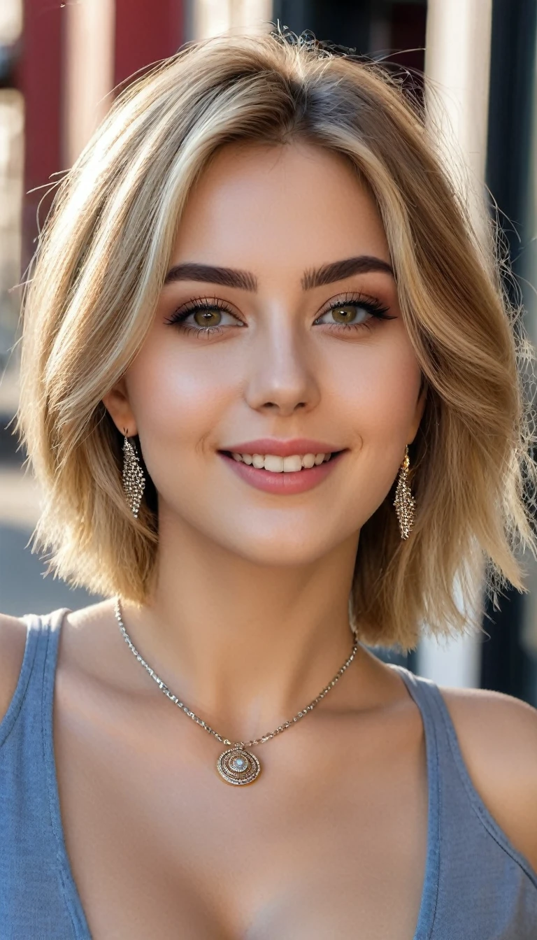 hyperrealistic beautiful busty 18-year-old women in v-neck shirt and skinny jeans, model shooting full body photography, view from behind, natural blonde short classic bob, dark eye makeup with eyeliner, seductive smile, small necklace and earrings, 8K, best quality, Meisterwerk, ultra high resolution, (Realismus: 1.4), Originalfoto, (realistische Hautstruktur: 1.3), (Filmkorn: 1.3), (Selfie-Winkel), 1 girl, Beautiful round hazel eyes and facial details, Meisterwerk, best quality, selfie-pic-posing outside, nsfw