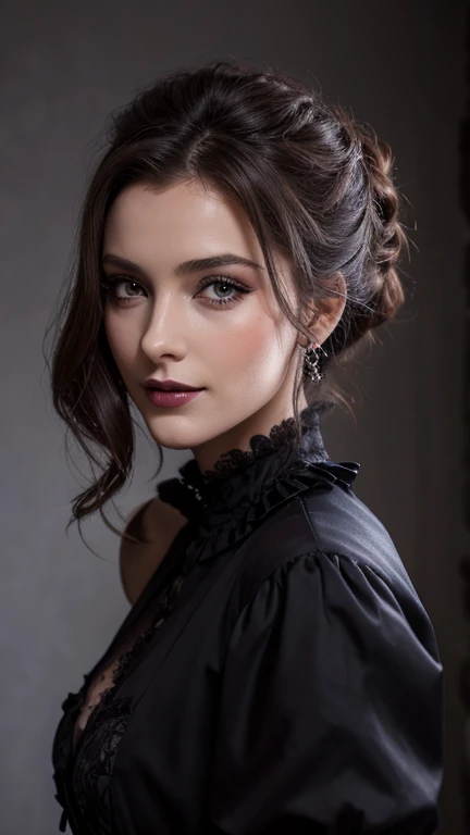 Jeune femme de 25 ans, visage fin, cheveux long, yeux marrons, HD, 8K, masterpiece, sourire romantique, sexy, maquillage noir, black lips, tenue gothique, vêtements noirs et violets, toile d'araignée en dentelle, cheveux noirs et violets, dans un manoir, dracula, orage