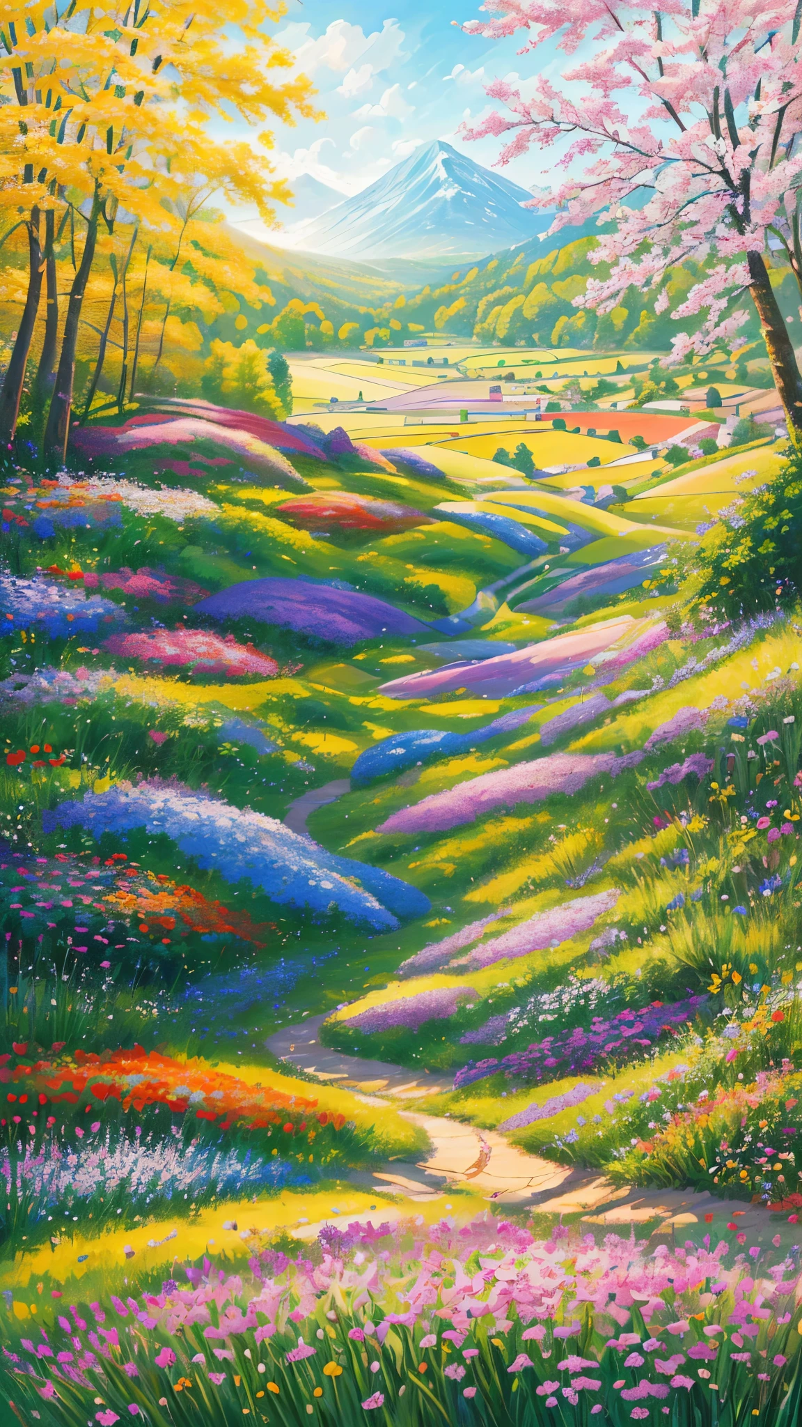 (best quality,realistic:1.2,highres),a lush green field, vibrant colorful flowers dotting the landscape,portraying the beauty of nature and the joy we can find in God's creation,illustration,extraordinary level of detail,stunning visual representation,impressive variety of flowers,serene atmosphere,sunlit scene,every blade of grass rendered with utmost precision,rich and vibrant colors,exquisite brushstrokes,picture-perfect composition,painting with a touch of impressionism,soft natural lighting,immersive experience,emphasizing the intricate details of the flowers,captivating and lifelike portrayal,awe-inspiring view,professional-level artwork,invoking a sense of tranquility and happiness.