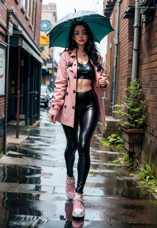 {Freya Tingley, hot, big ass, thick thighs, slim waist, perfect body, she is in an alley Against a wall, Brick wall, doodling, Dim lighting, alley}, (long black hair), (detailed eyes), (bright green eyes), (shy appearance wearing a very short pink and velvet coat, Thermal Flannel Leather Leggings - FashionLeg), ((white Adidas sneakers), (it's raining, rainy weather, cloudy sky raining, she's all wet), full body, dynamic view.