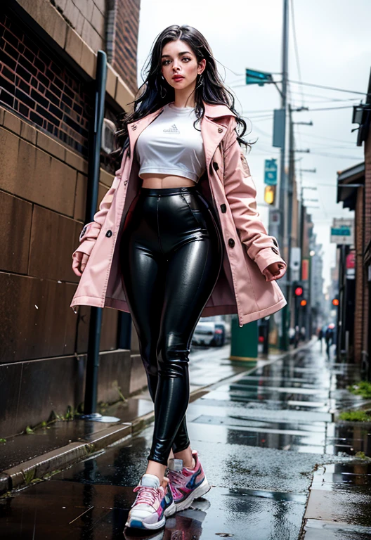 {Freya Tingley, hot, big ass, thick thighs, slim waist, perfect body, she is in an alley Against a wall, Brick wall, doodling, Dim lighting, alley}, (long black hair), (detailed eyes), (bright green eyes), (shy appearance wearing a very short pink and velvet coat, Thermal Flannel Leather Leggings - FashionLeg), ((white Adidas sneakers), (it's raining, rainy weather, cloudy sky raining, she's all wet), full body, dynamic view.