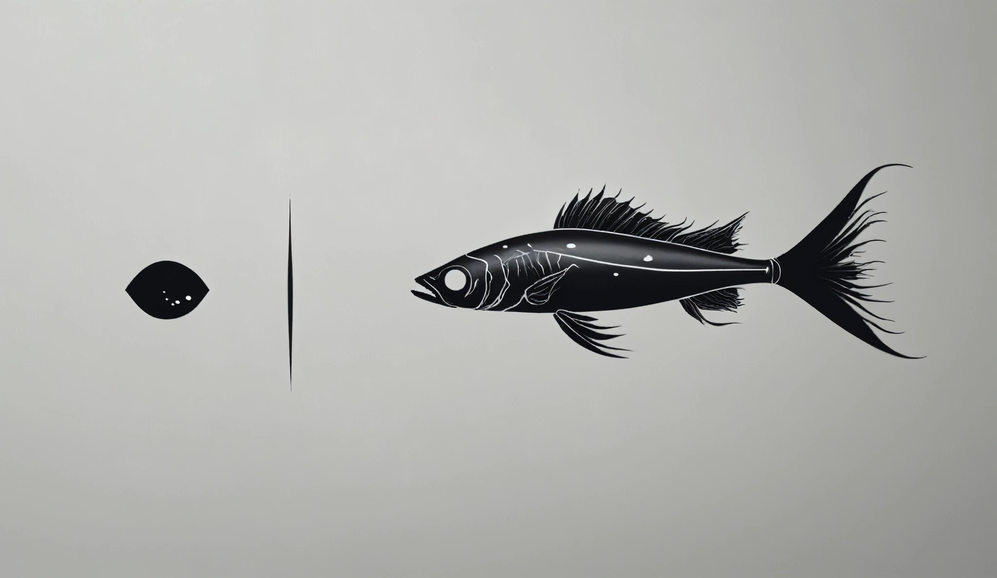Create a simple and elegant dead skeleton fish logo, shedding niobium tears. The design should convey a strong sense of sadness and melancholy, using a minimalist approach with clear lines and using only black, nicola samori,ben templsmith,Irina Yermolova