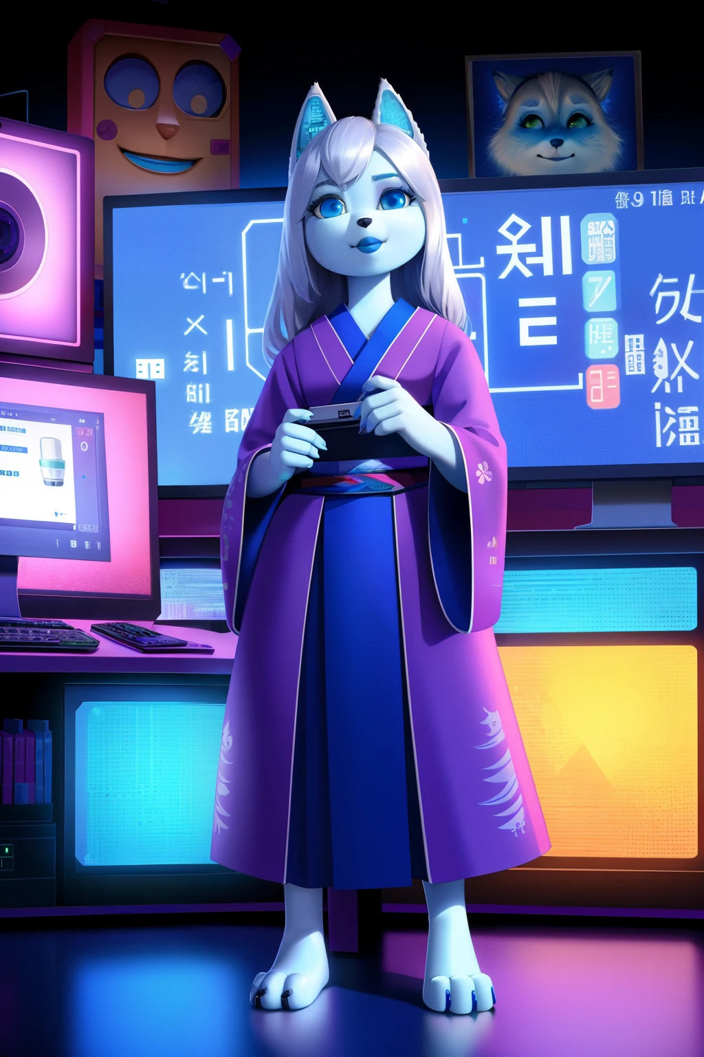 1 girl, solo, android, wolf anthro, standing, empty eyes, Silver hair, blue lipstick, Japanese dress, 3d pixar, computer numbers background