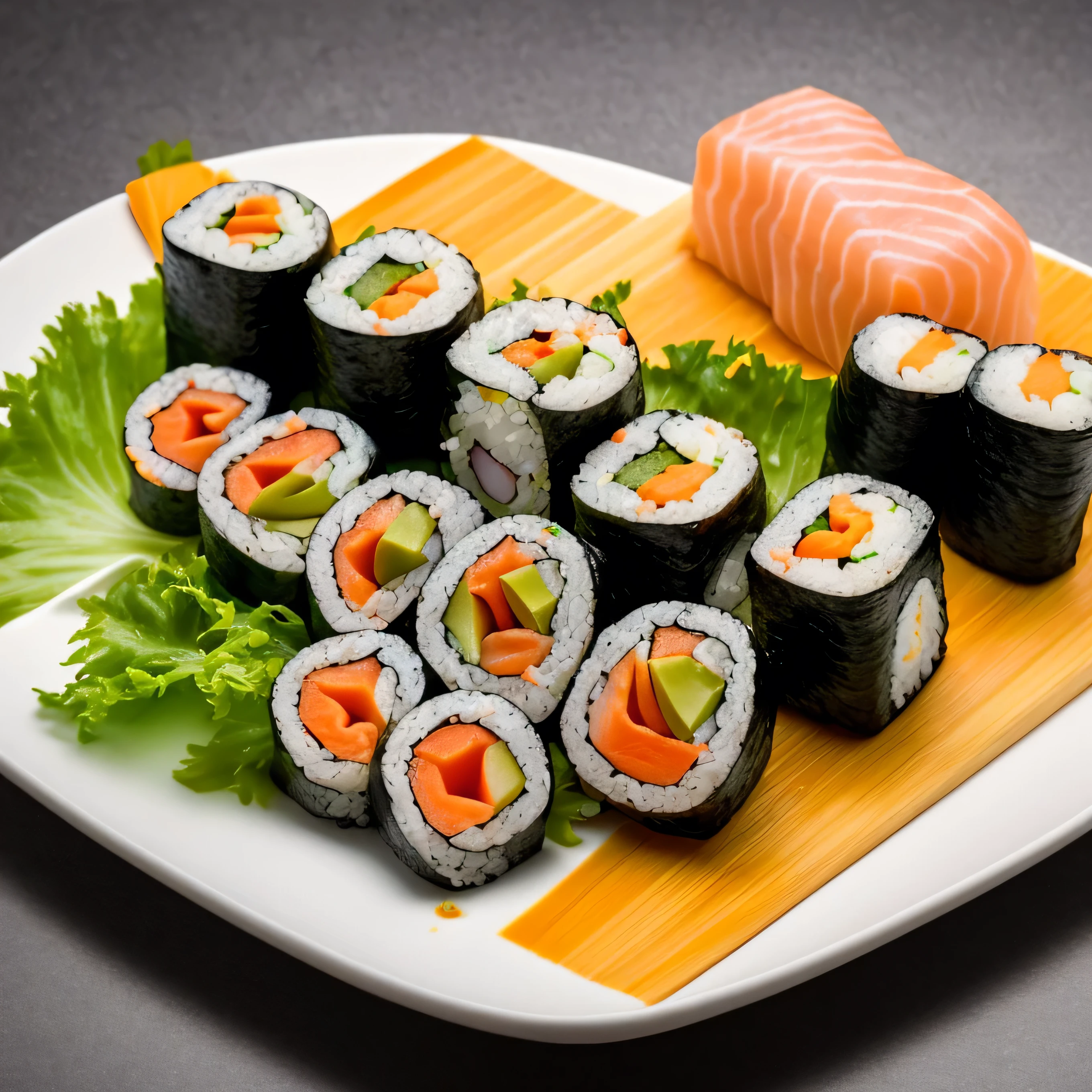 (Obra maestra: DE UN ROLLS SUSHI 1.2), (mejor calidad), (ultra detallado), (8k, 4k, intrincado),(Muy detallado:1.2), (antecedentes detallados),paisaje detallado, ((retrato)),  alimentostyle, alimento,  cup, profundidad de campo, Mesa, alimento focus, vegeMesa, Sushi X 100 ZOOM X