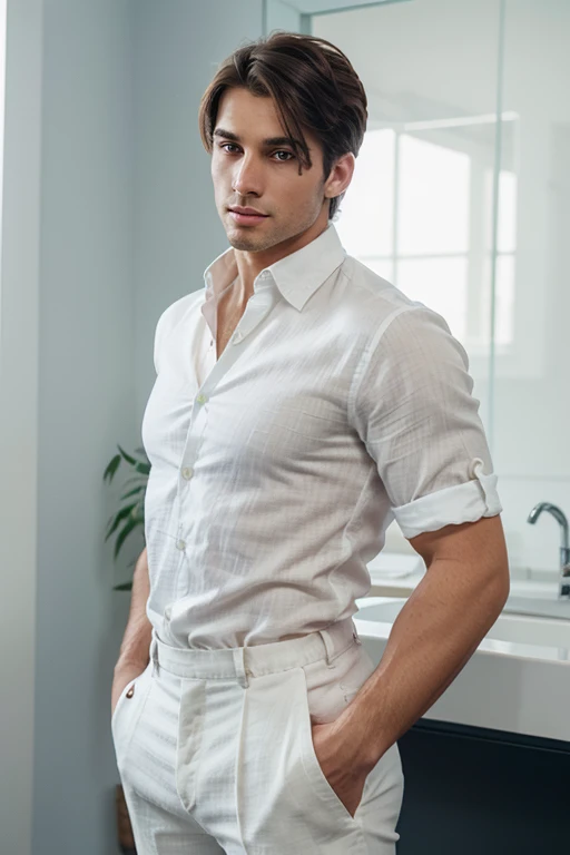 young man,Beautiful,charismatic brunette,strong.good body.broad shoulders,narrow your pelvis,handsome as god, green eyes,light bristles. haircut. good body,Super realistic. In a white linen shirt and blue trousers.