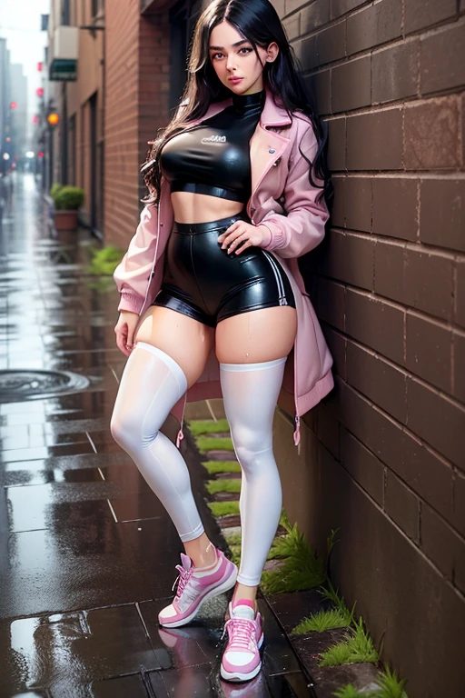 {Freya Tingley, hot, big ass, thick thighs, slim waist, perfect body, she is in an alley Against a wall, Brick wall, doodling, Dim lighting, alley}, (long black hair), (detailed eyes), (bright green eyes), (shy appearance wearing a very short pink and velvet coat, Thermal Flannel Leather Leggings - FashionLeg), ((white Adidas sneakers), (it's raining, rainy weather, cloudy sky raining, she's all wet), full body, dynamic view.