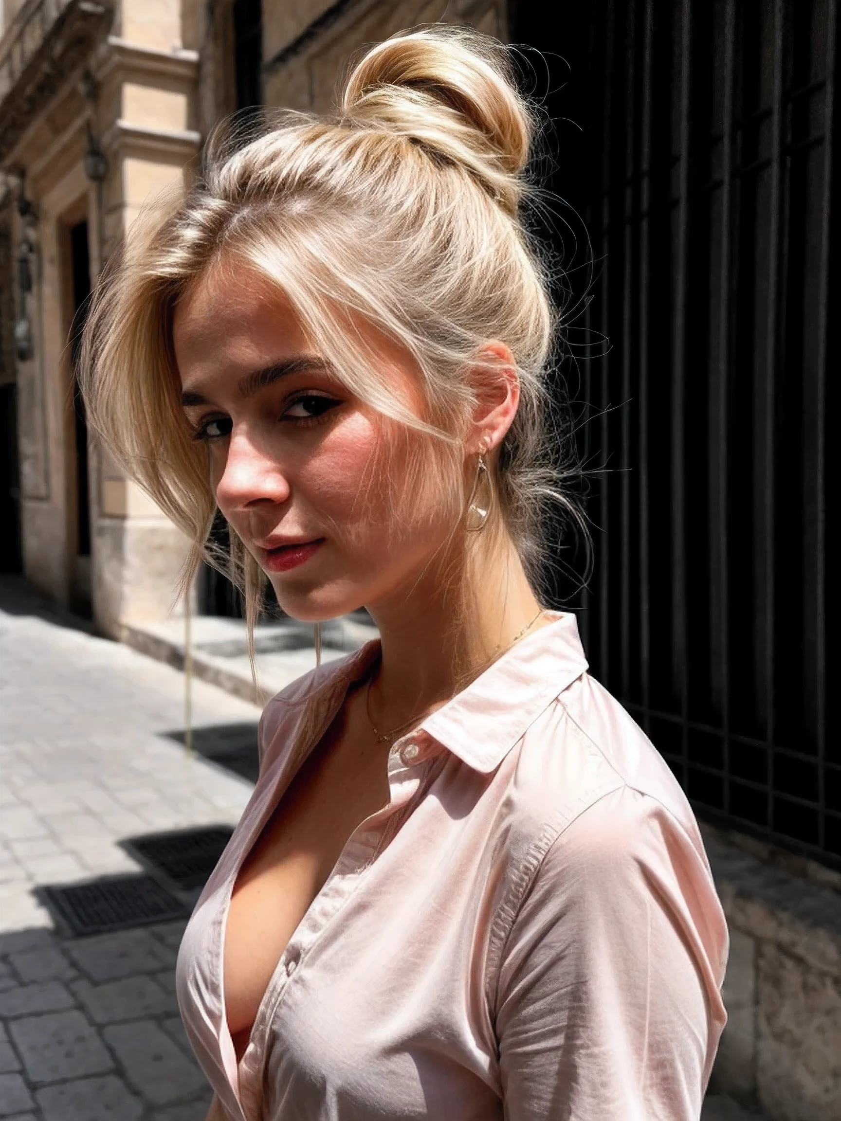 A 23-year-old blonde woman, ((pechos grandes)), ((hiperrealismo)) ,. blonde hair with light brown roots. cabello rubio, Hair with brown roots, cabello extra largo, cabello muy largo, short hair, ponytail hair, Beautiful, Front view, photo taken with iPhone, elegant pink shirt with escote, escotada, walking in Sicily high quality, cleavage, full body shot