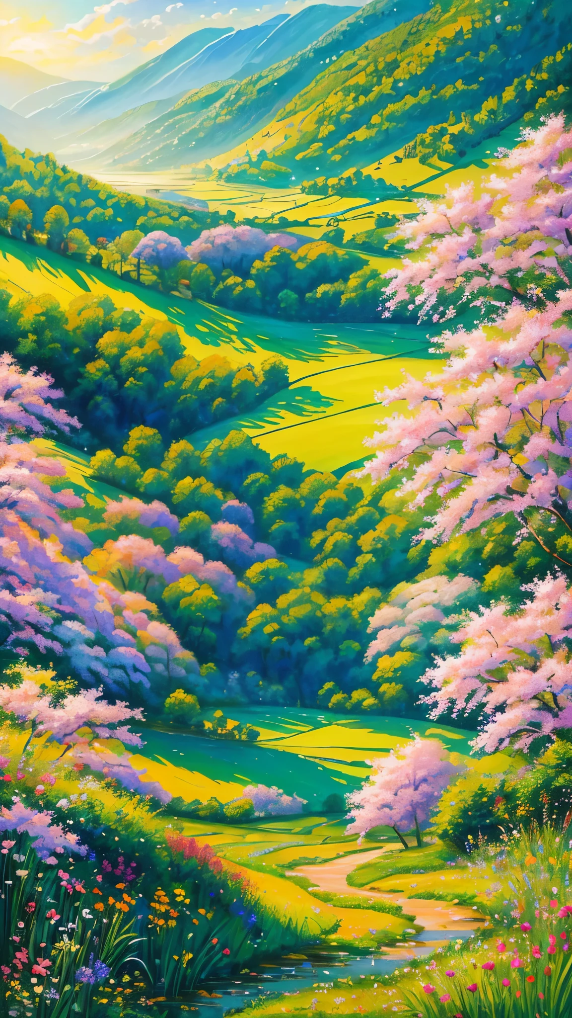 (best quality,realistic:1.2,highres),a lush green field, vibrant colorful flowers dotting the landscape,portraying the beauty of nature and the joy we can find in God's creation,illustration,extraordinary level of detail,stunning visual representation,impressive variety of flowers,serene atmosphere,sunlit scene,every blade of grass rendered with utmost precision,rich and vibrant colors,exquisite brushstrokes,picture-perfect composition,painting with a touch of impressionism,soft natural lighting,immersive experience,emphasizing the intricate details of the flowers,captivating and lifelike portrayal,awe-inspiring view,professional-level artwork,invoking a sense of tranquility and happiness.