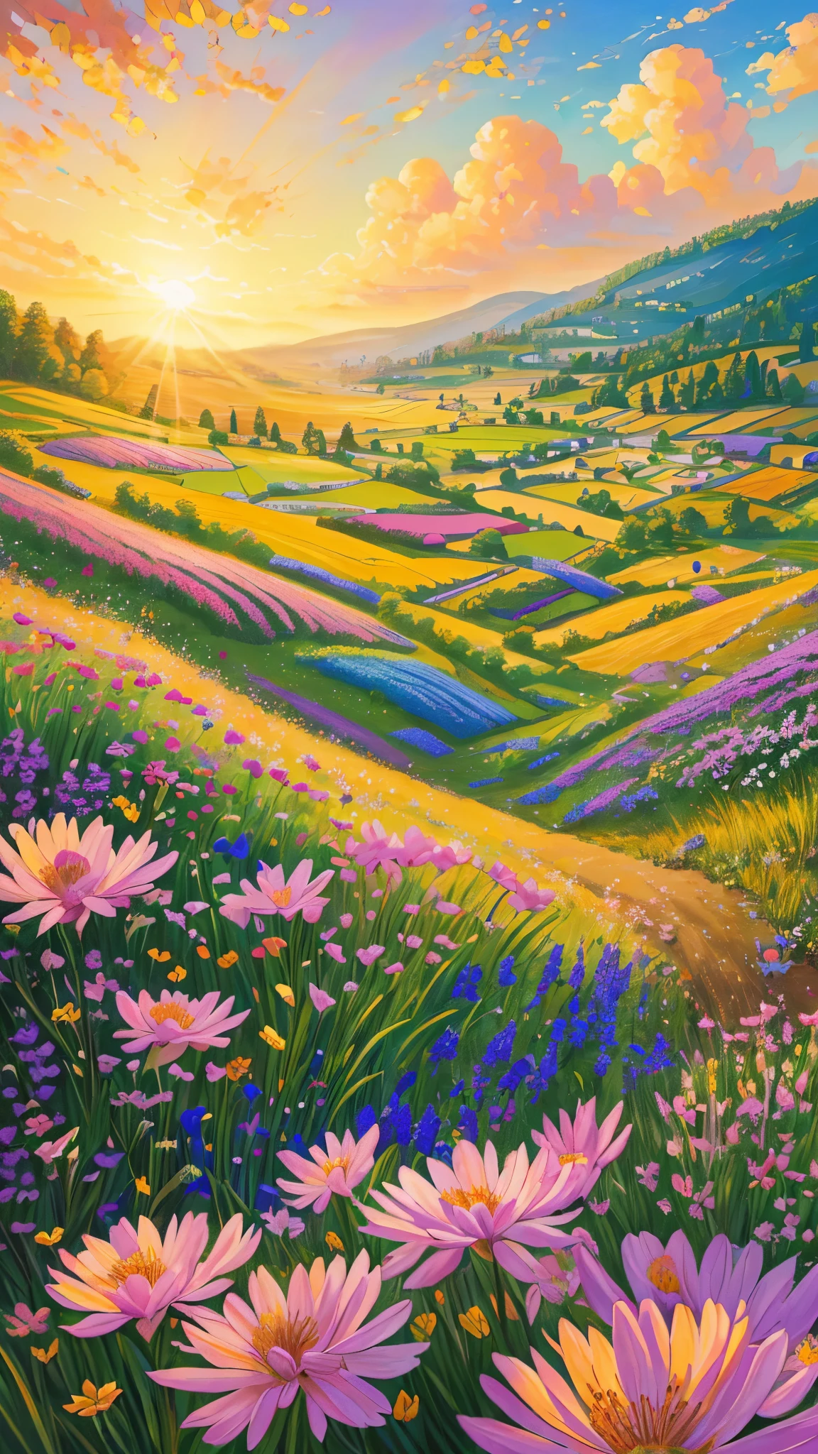 (best quality,realistic:1.2,highres),a lush green field, vibrant colorful flowers dotting the landscape,portraying the beauty of nature and the joy we can find in God's creation,illustration,extraordinary level of detail,stunning visual representation,impressive variety of flowers,serene atmosphere,sunlit scene,every blade of grass rendered with utmost precision,rich and vibrant colors,exquisite brushstrokes,picture-perfect composition,painting with a touch of impressionism,soft natural lighting,immersive experience,emphasizing the intricate details of the flowers,captivating and lifelike portrayal,awe-inspiring view,professional-level artwork,invoking a sense of tranquility and happiness.
