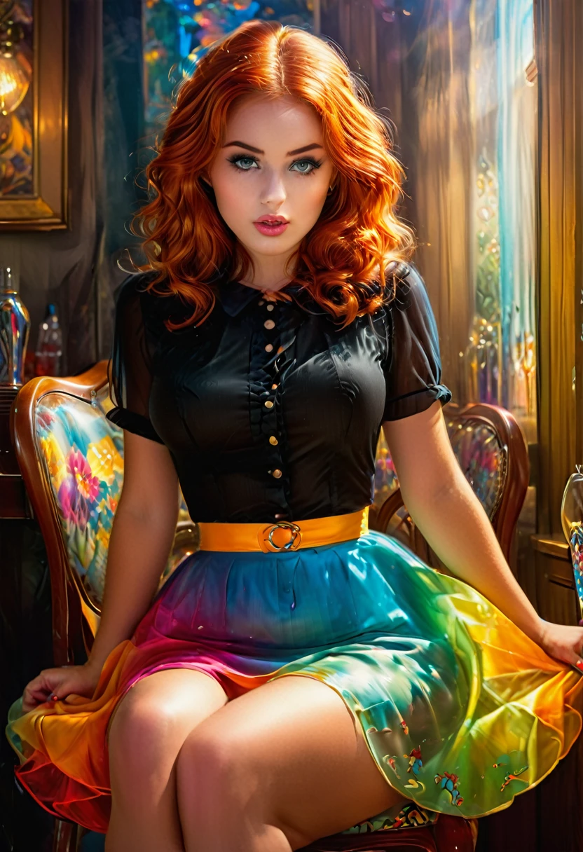 20 years old girl Isla Fischer lookalike, sitting on the chair, vintage,  retro pin up style,sexy, mouth O, surprised, up skirt, flowing skirt,  colorful , masterpieces, illustrated,ambr1
