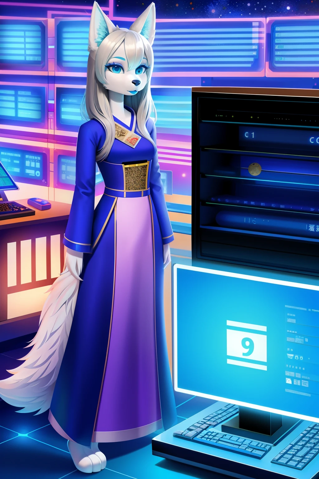 1 girl, solo, android, wolf anthro, standing, empty eyes, Silver hair, blue lipstick, Japanese dress, 3d pixar, computer numbers background