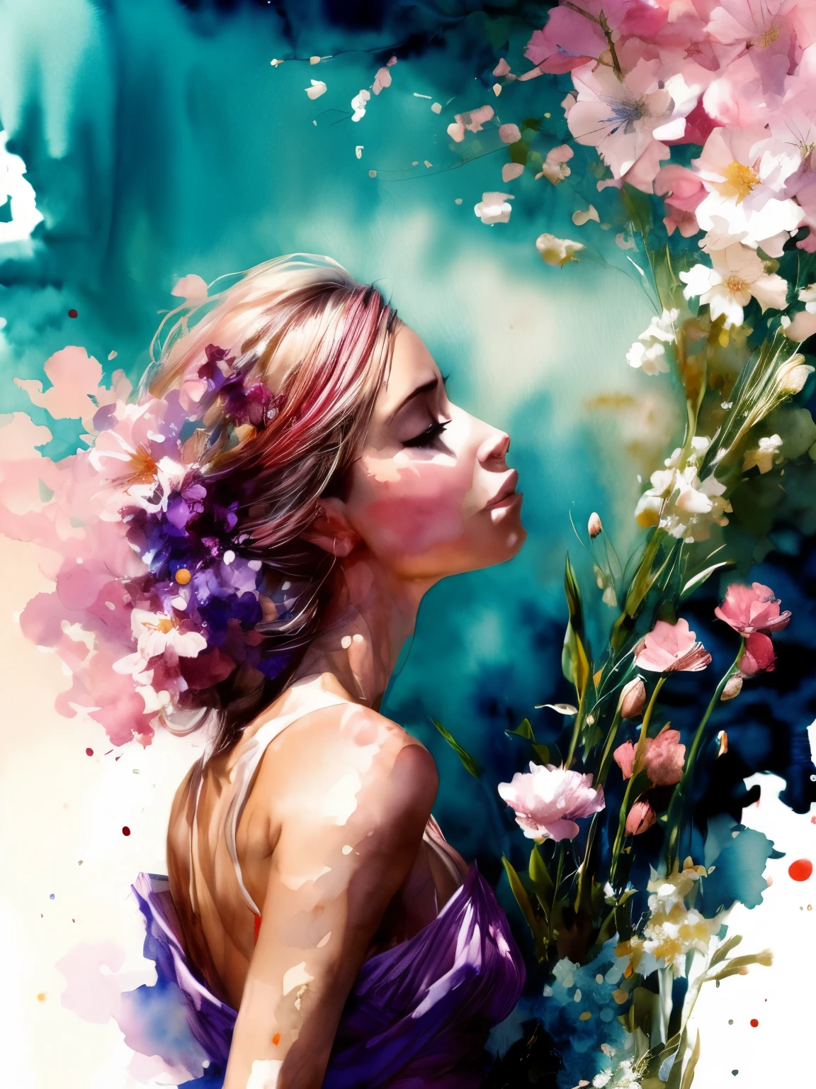 1 girl,flower, Lisianthus ,in the style of light pink and light azure color, dreamy and romantic compositions, pale pink, ethereal foliage, playful arrangements,fantasy, high contrast, чернильные smears, explosions, overexposure, impression of purple and red tones , abstract, ((watercolor painting by John Berkey and Jeremy Mann )) smears, negative space,