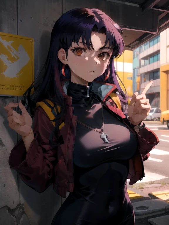 Obra maestra,mejor calidad,1 chica,mujer madura,Misato Katsuragi,Brown eyes,vestido negro,collar con una cruz,vestido de cuello alto,chaqueta roja,de pie,mano en la barbilla,grave,contra la pared,pared de concreto,(adentro:1.2),
