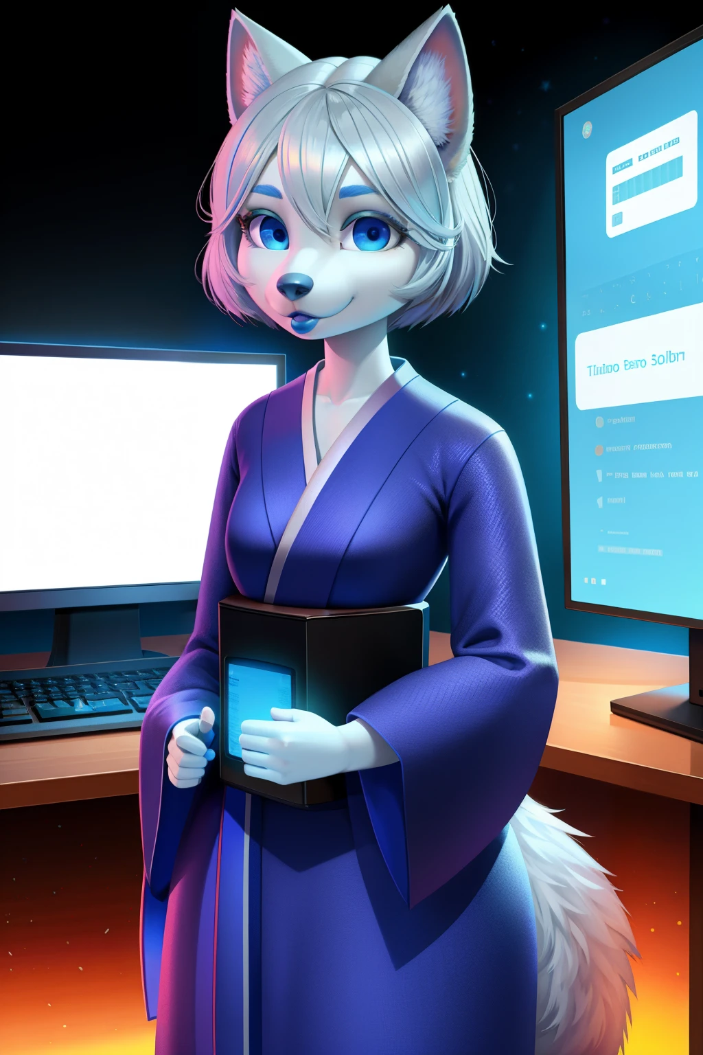1 girl, solo, android, wolf anthro, standing, empty eyes, Silver hair, blue lipstick, Japanese dress, 3d pixar, computer numbers background