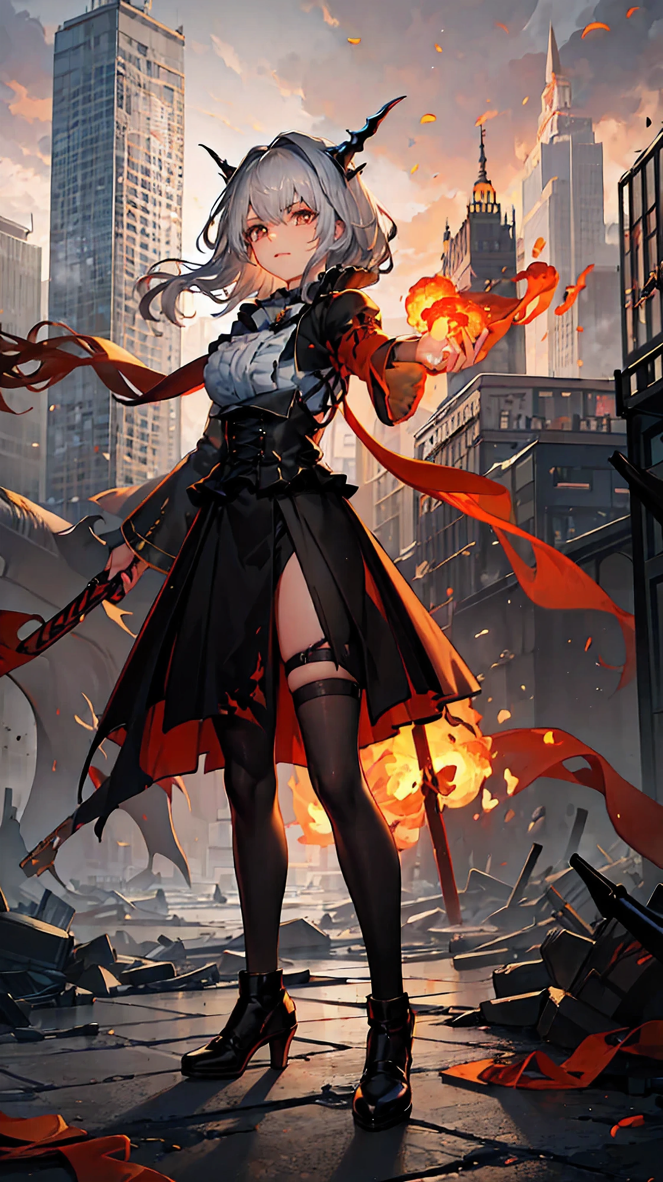 masterpiece, Beautiful art, 8K, art style by sciamano240, one girl ( Talulah_Arknights ), Fire sword, holding, fire, standing position, detailed clothing, detailed fabric, Beautiful face , very detailed eyes, ruined city, Full body view,