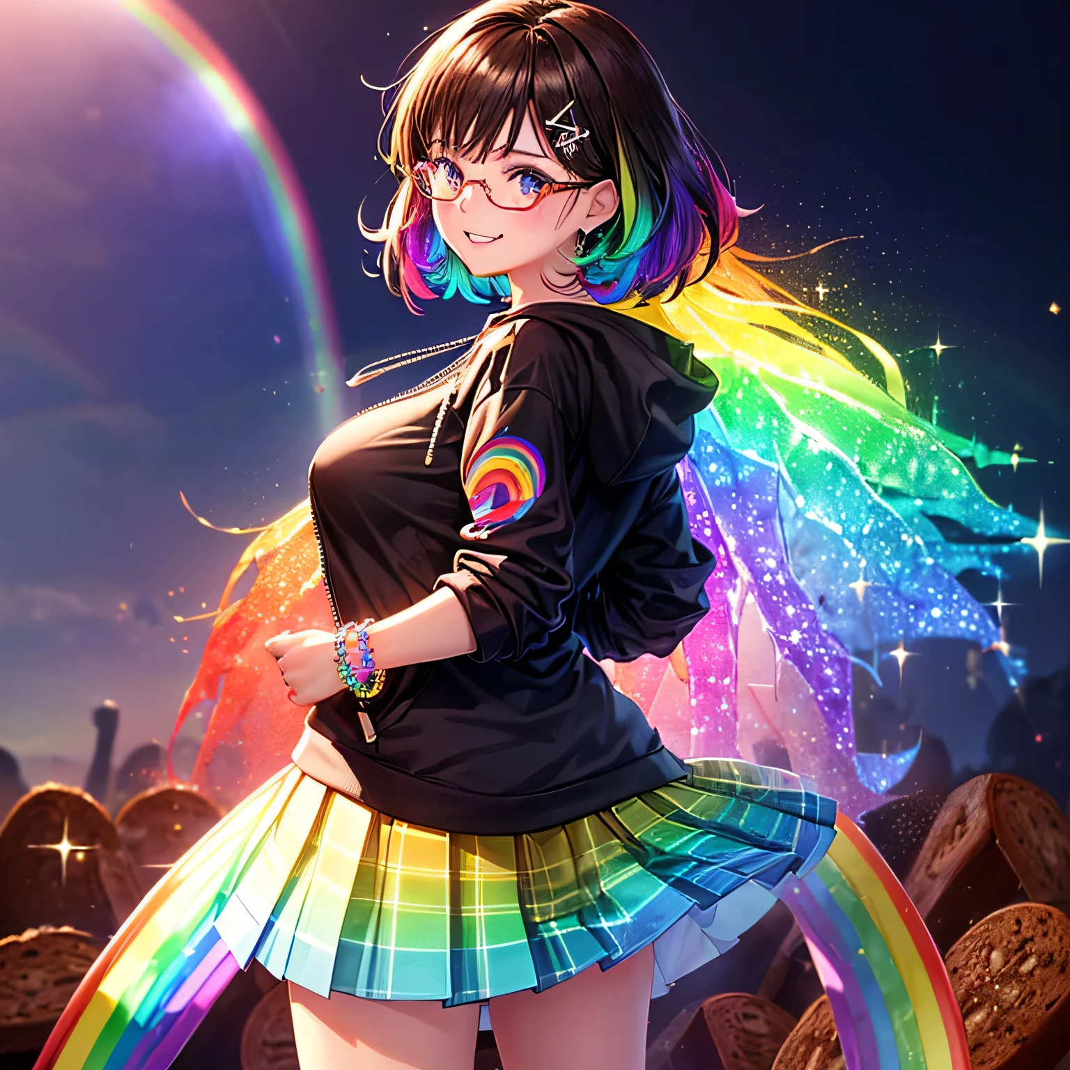 ((worst quality, low-quality)), masutepiece,Best Quality,ultra-detailliert,masterpiece, (Background of clear blue sky with rainbow), ((a closeup)), (gals:1.2), ((big breasts)), (((Looking back))), (cute Pose:1.2),(Uniform: 1.2), (Wear a rainbow-colored oversized zip hoodie on top: 1.4), (White collared shirt that fits the body: 1.3), (Red Plaid Pleated Skirt:1.3), ((Dark brown bread shop fur):1.2), plump shiny lips, Beautiful clear eyes, (The best smile), Spoken Heart, ((Necklace,Colorful bracelets,X Hair Ornament):1.2), (Rainbow-colored frame under-rim glasses:1.4), ((glow rainbow)), (rainbow particles, rainbow sparkles, rainbow rays:1.4),